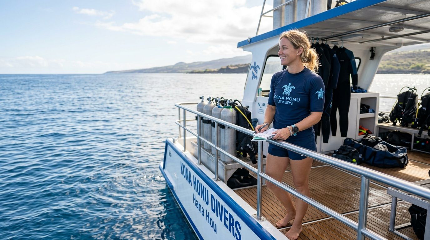 A female scuba diving instructor stands on a boat deck preparing for an ocean expedition tour.