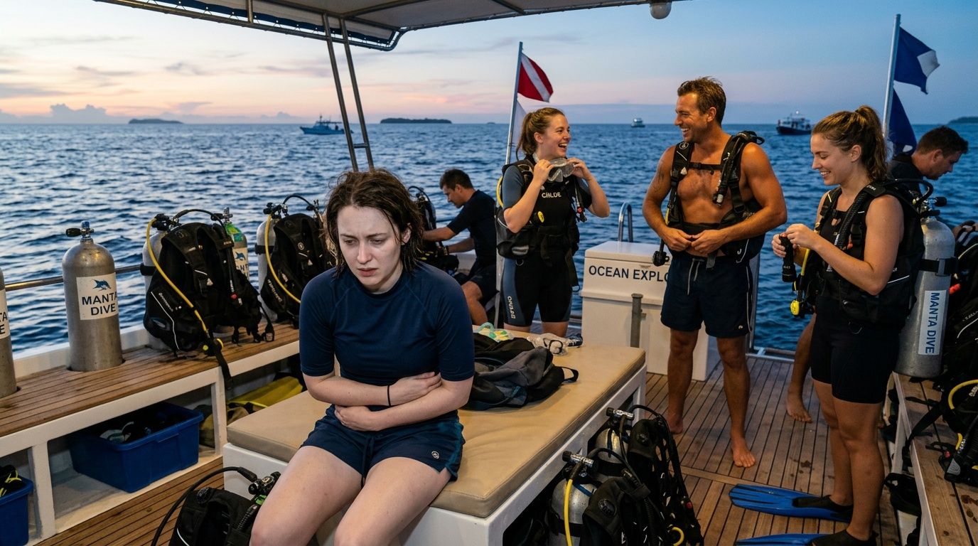 A woman looks sick while sitting on a boat with divers preparing for their dive session.