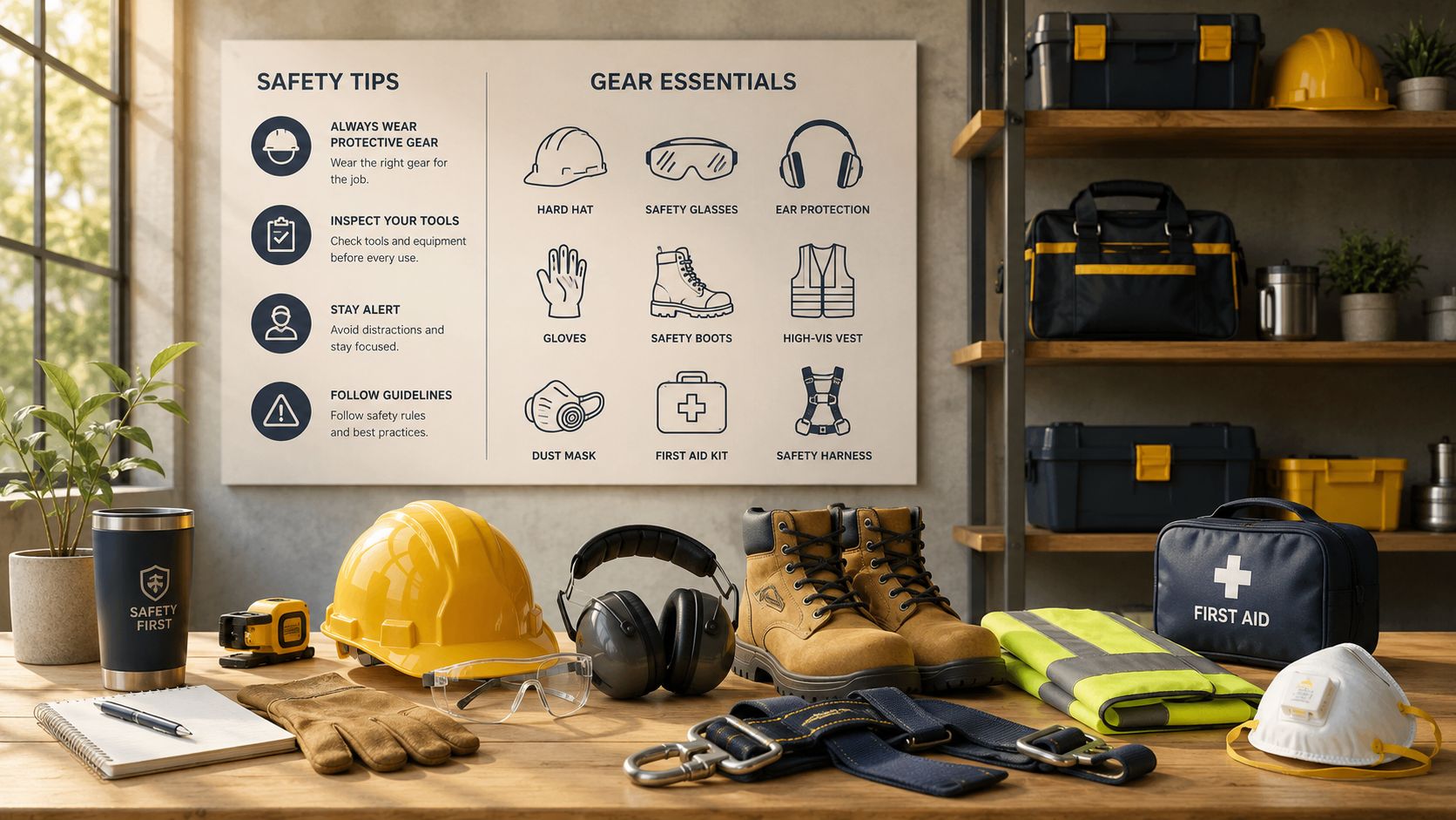 A wooden table featuring a safety poster and various essential construction protective work gear and equipment.