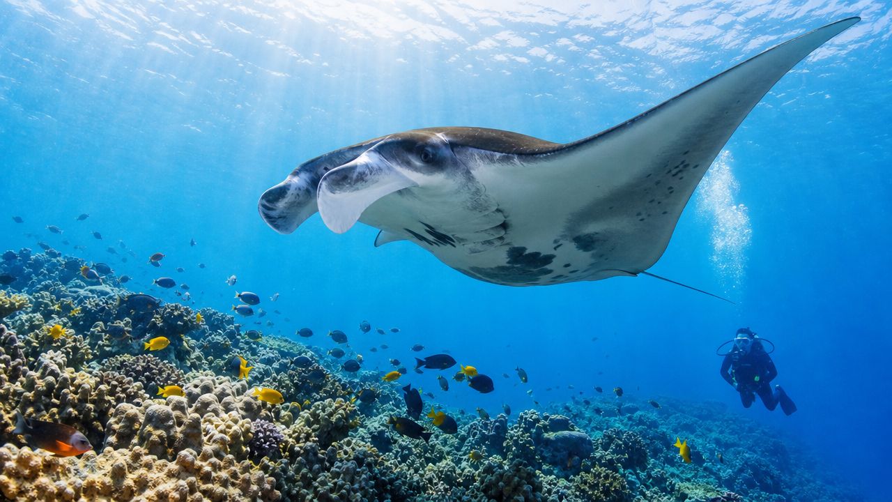 A scuba diver explores a vibrant coral reef near a large manta ray in clear blue water.
