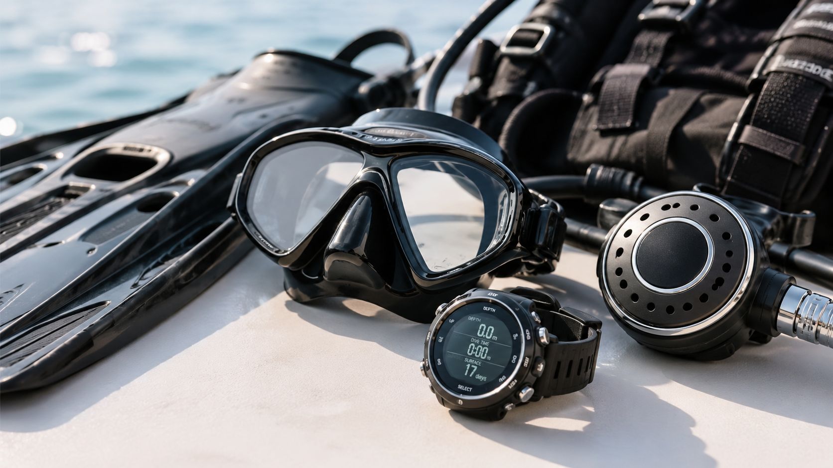 Scuba diving equipment including a mask, fins, regulator, and a dive computer arranged on a boat deck.