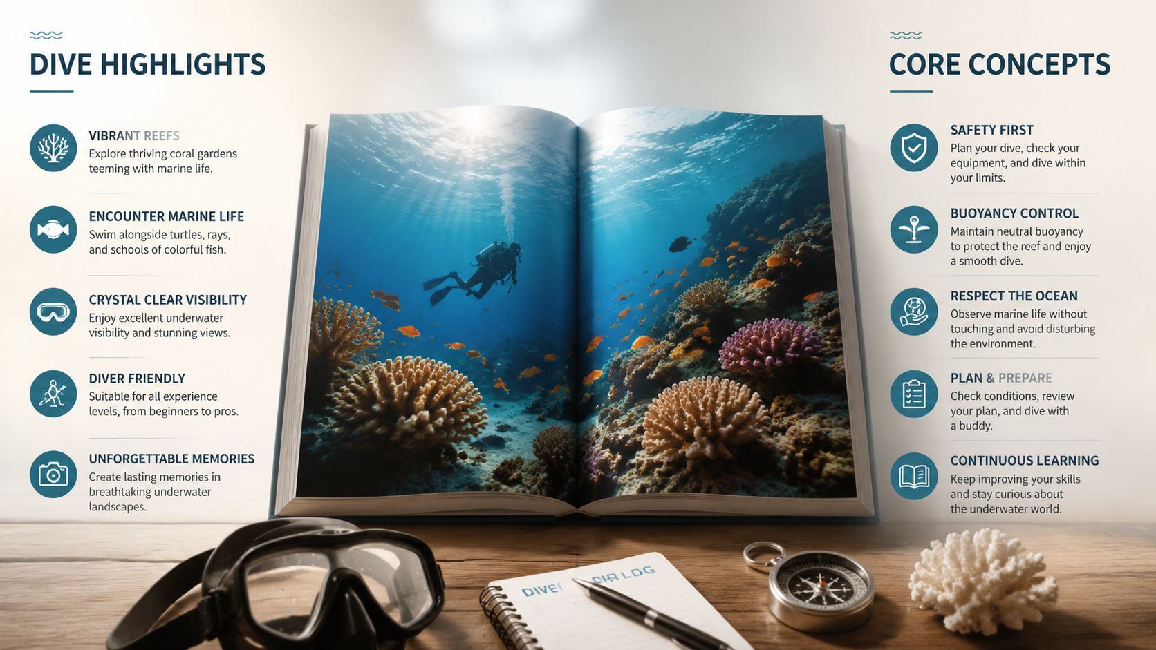 An open book displays an underwater scuba diving scene surrounded by educational infographics about diving highlights and safety.