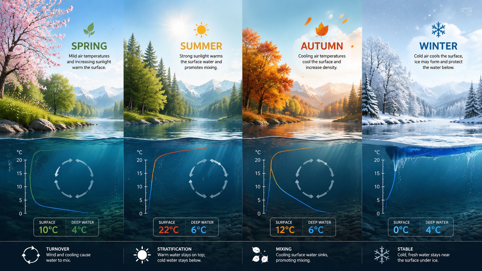 An infographic illustrating seasonal temperature changes, stratification, and water circulation patterns in a temperate lake ecosystem.
