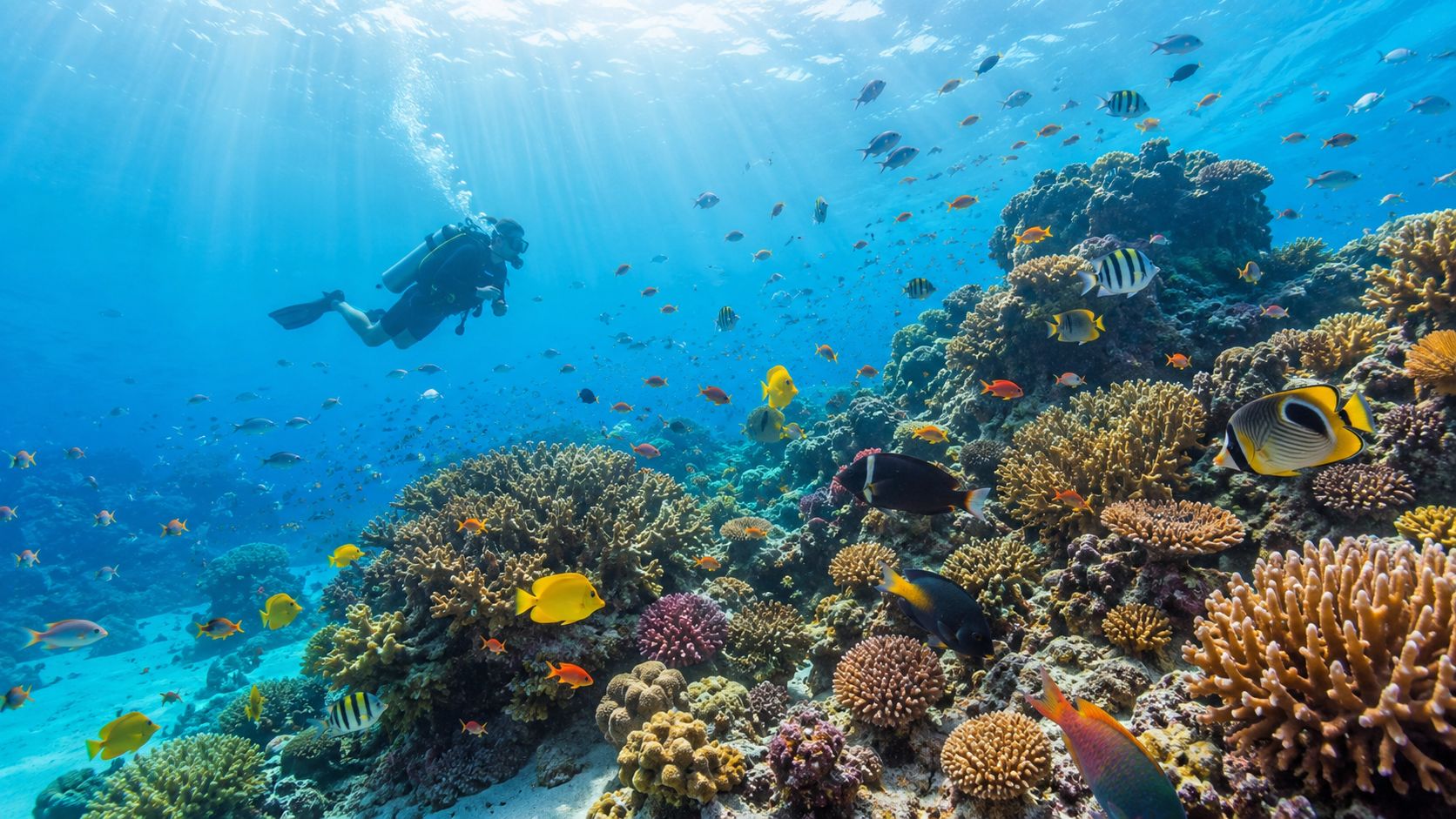 A scuba diver explores a vibrant coral reef filled with diverse tropical fish in crystal clear water.