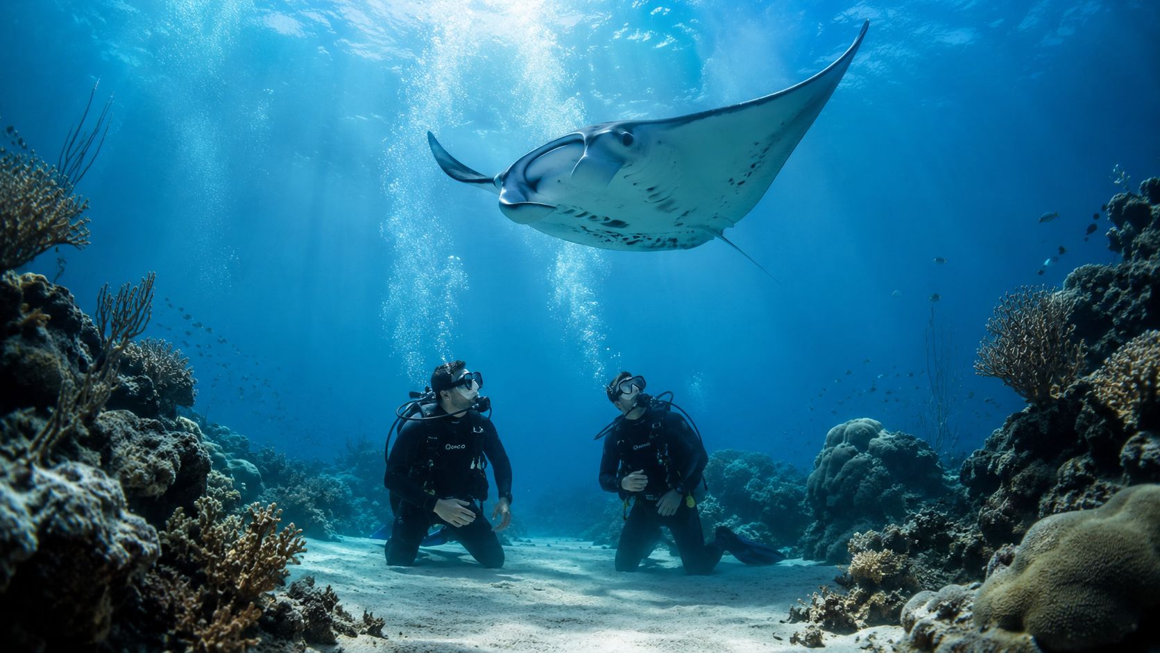 Two scuba divers kneeling on the sandy ocean floor observing a graceful manta ray swimming overhead.