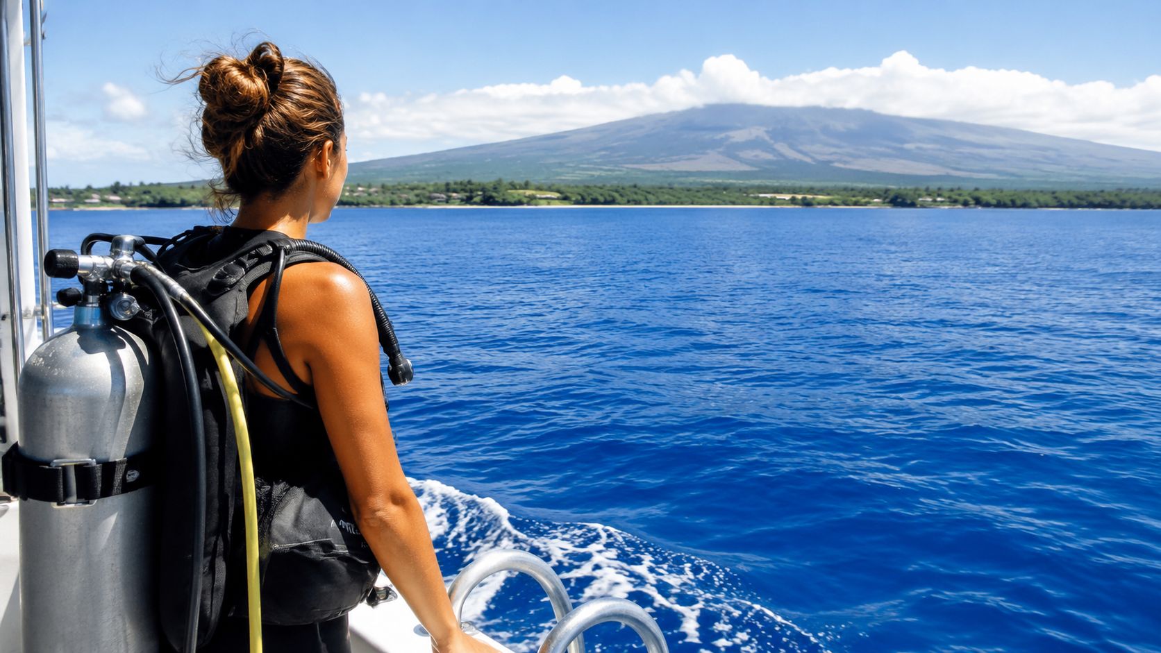 A woman wearing scuba gear looks out at the ocean and a large island from a boat.