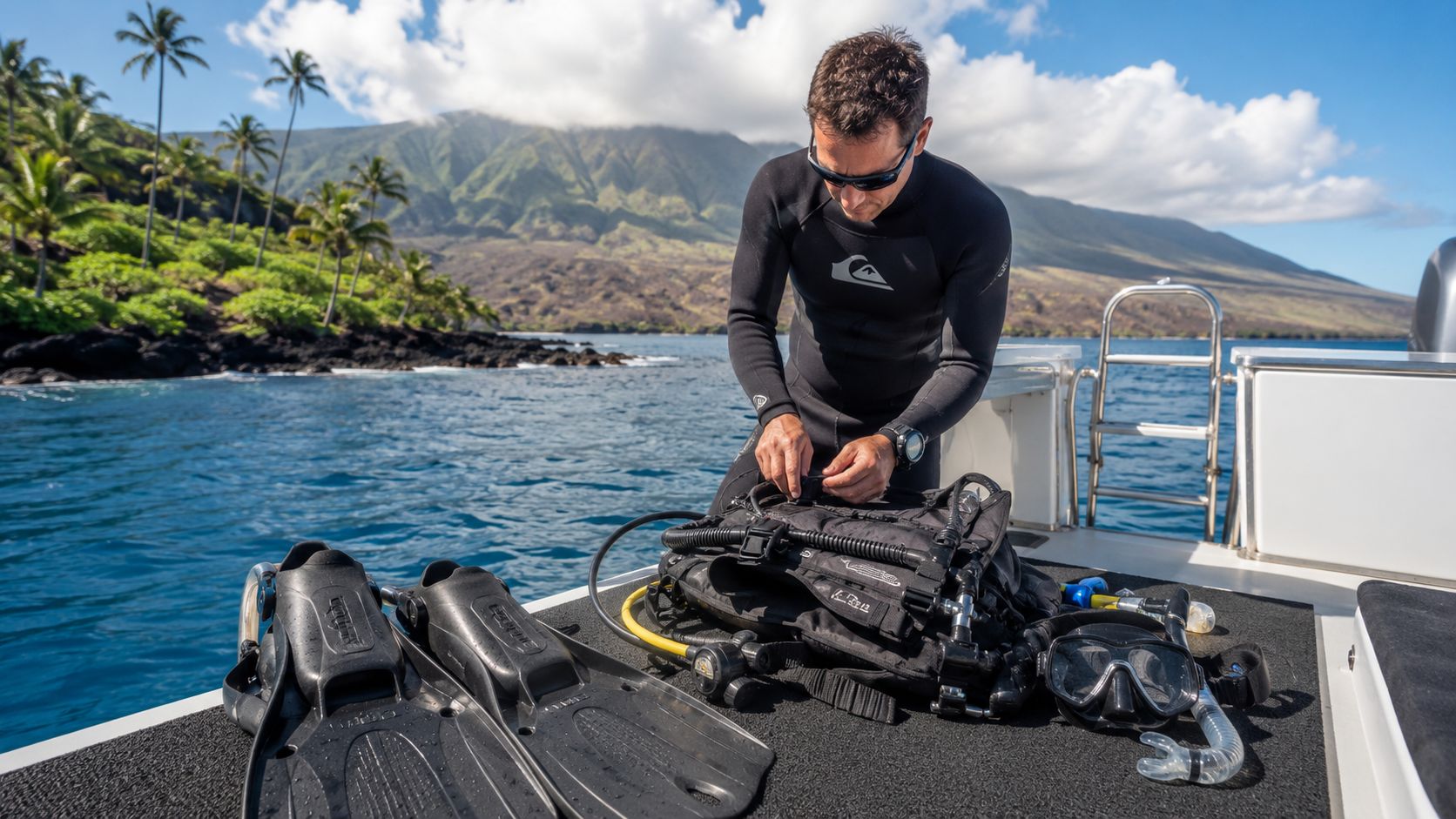 A scuba diver wearing a wetsuit prepares his diving gear on the deck of a boat in Hawaii.