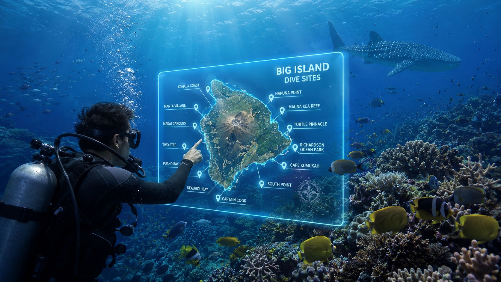 A scuba diver points to a digital map of Big Island dive sites while swimming underwater.