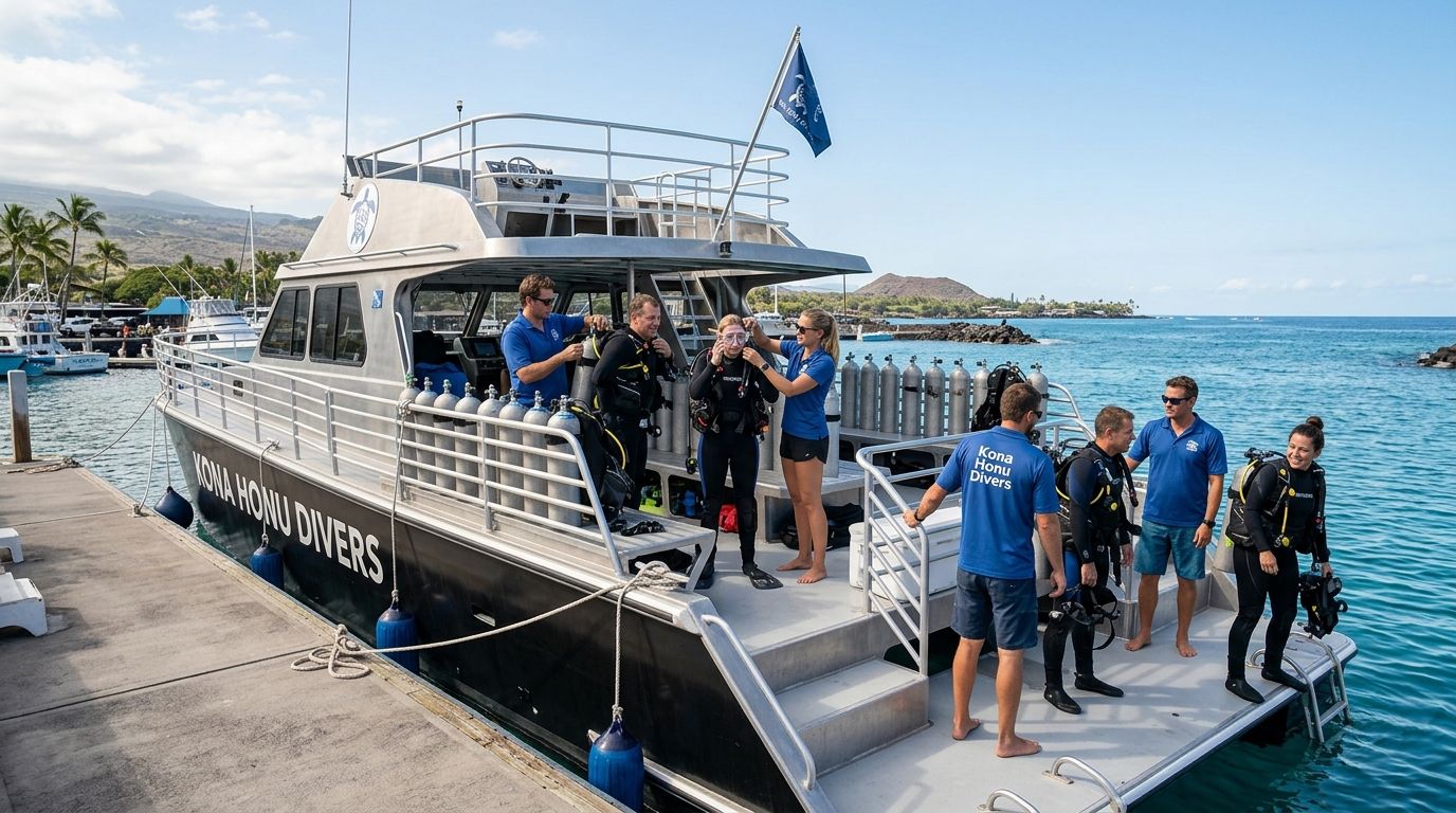 Scuba divers preparing for an underwater excursion on a Kona Honu Divers boat in Hawaii.