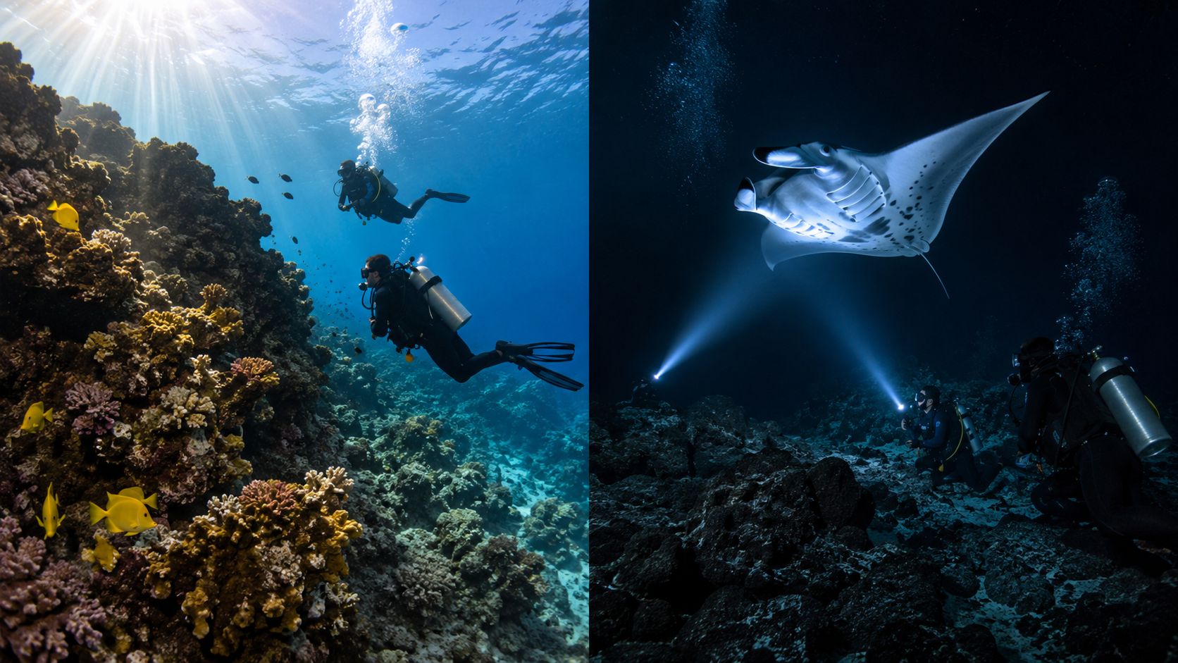 Scuba divers exploring a vibrant coral reef in daylight and a manta ray at night near Hawaii.