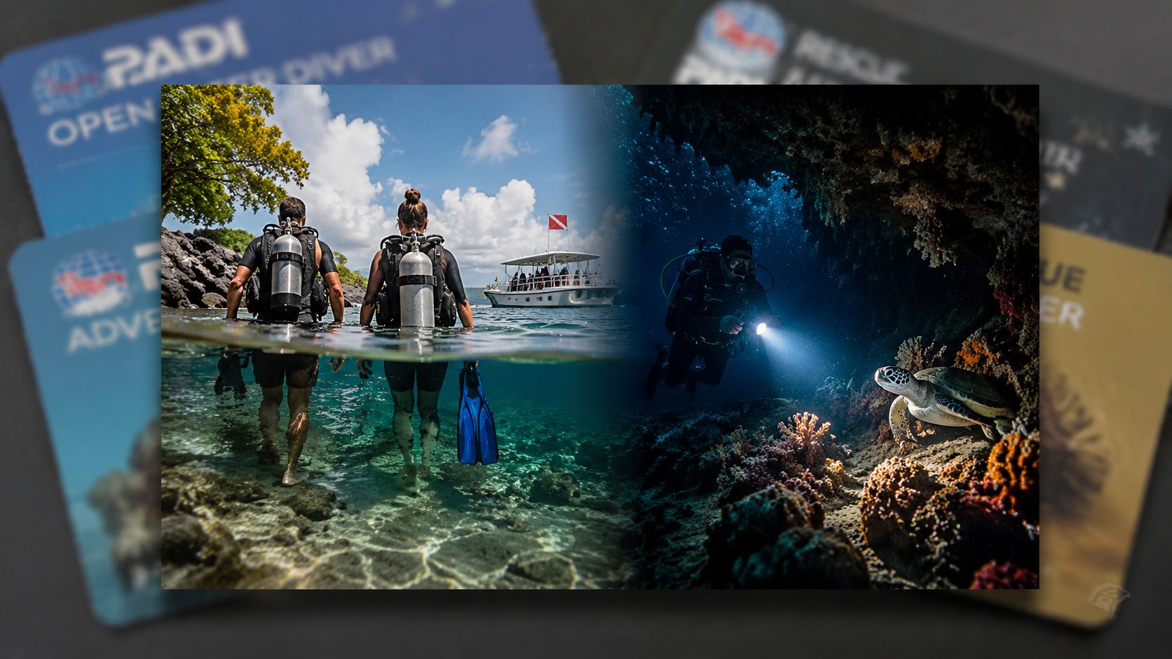 Scuba divers preparing for a shore dive beside a boat and swimming with a sea turtle underwater.