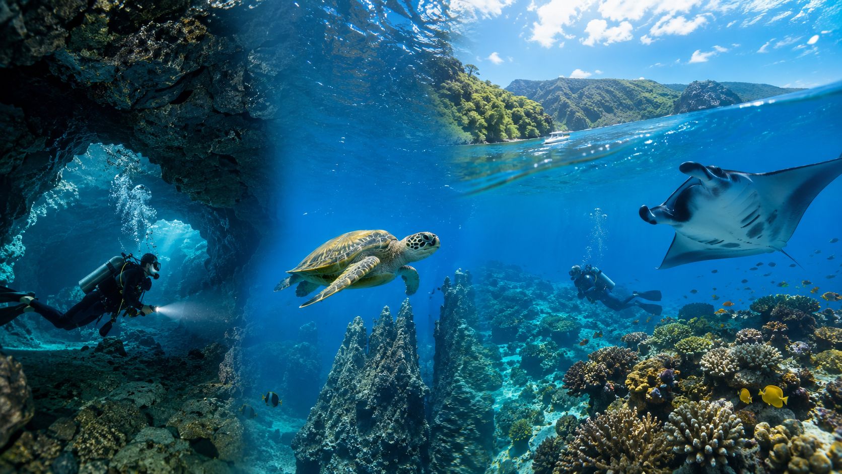 Scuba divers exploring underwater sea caves and coral reefs with sea turtles and manta rays in Hawaii.