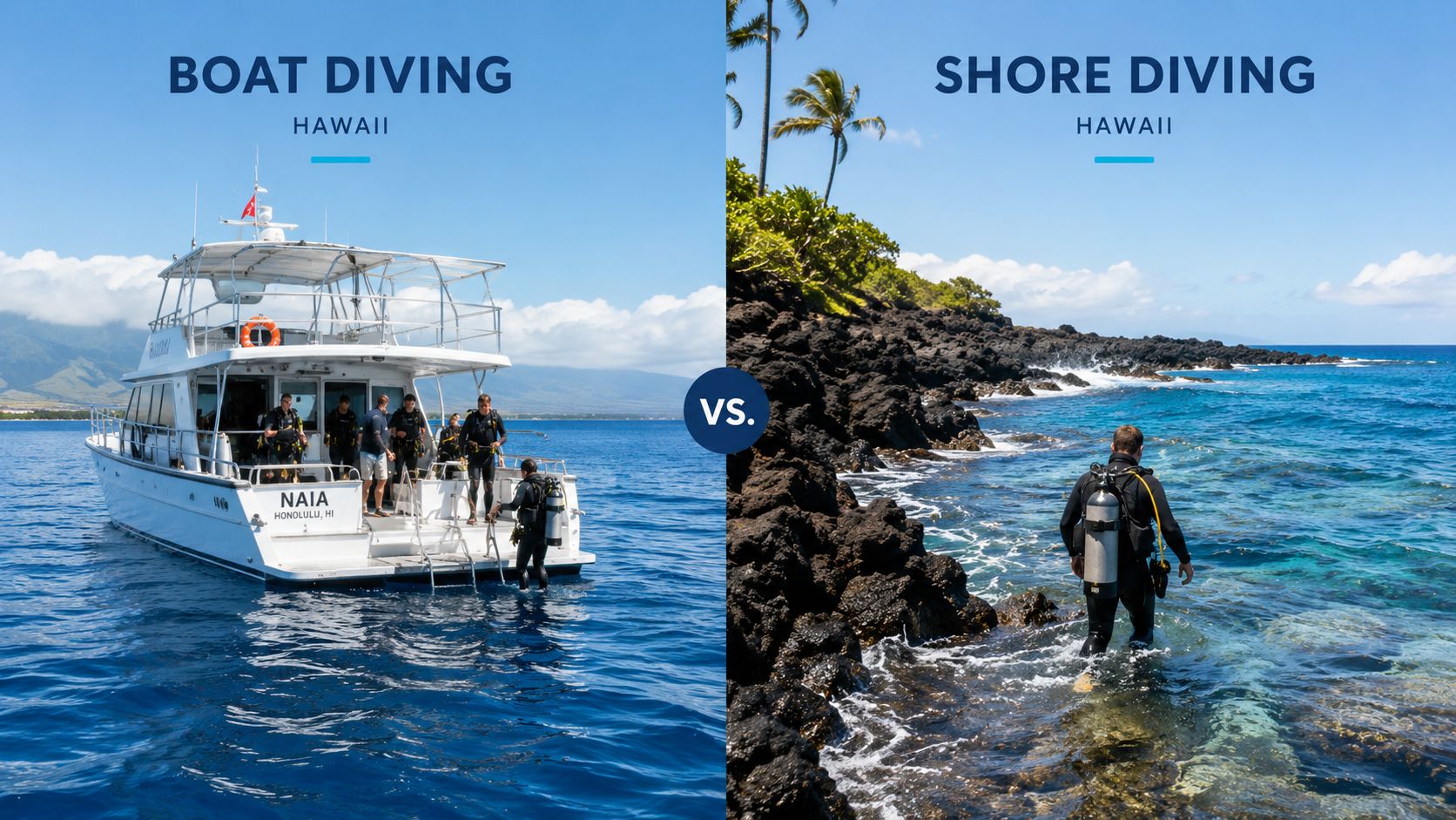 A split-screen comparison showing a group of divers on a boat and a single diver entering the water.