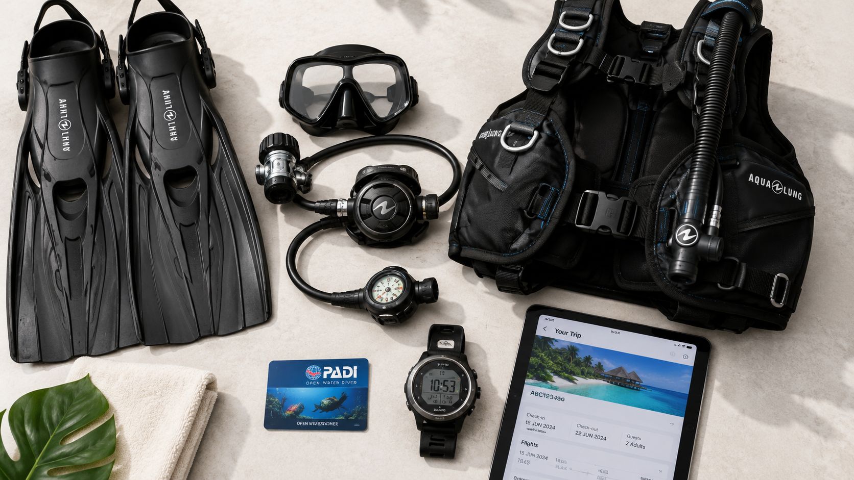 Scuba diving equipment including fins, a mask, regulator, buoyancy vest, and a trip itinerary displayed on a tablet.