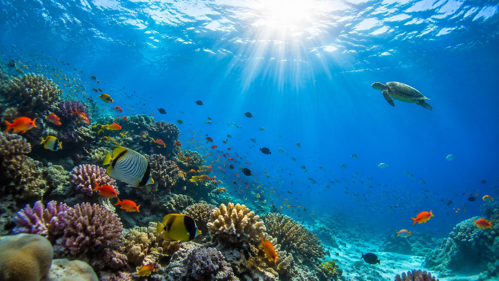 A vibrant coral reef ecosystem featuring tropical fish and a sea turtle swimming under the bright sun.