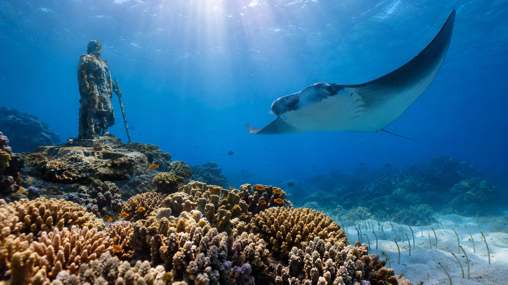 A majestic manta ray swims past an underwater statue of King Kamehameha off the coast of Hawaii.