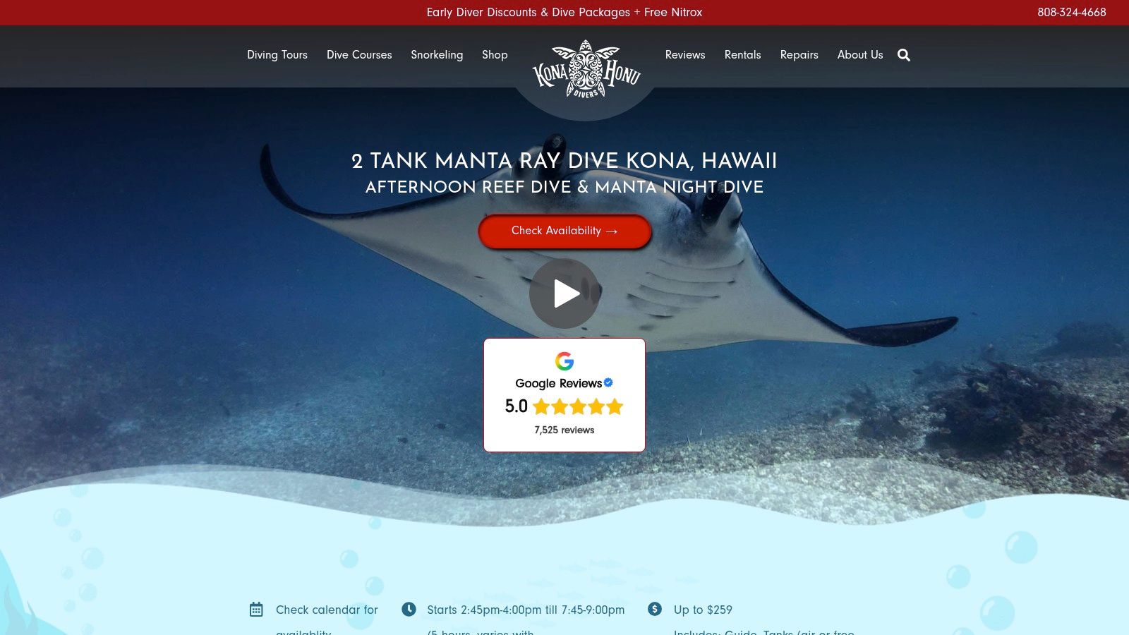 Screenshot from https://konahonudivers.com/diving-tours/2-tank-manta-dive-snorkel/