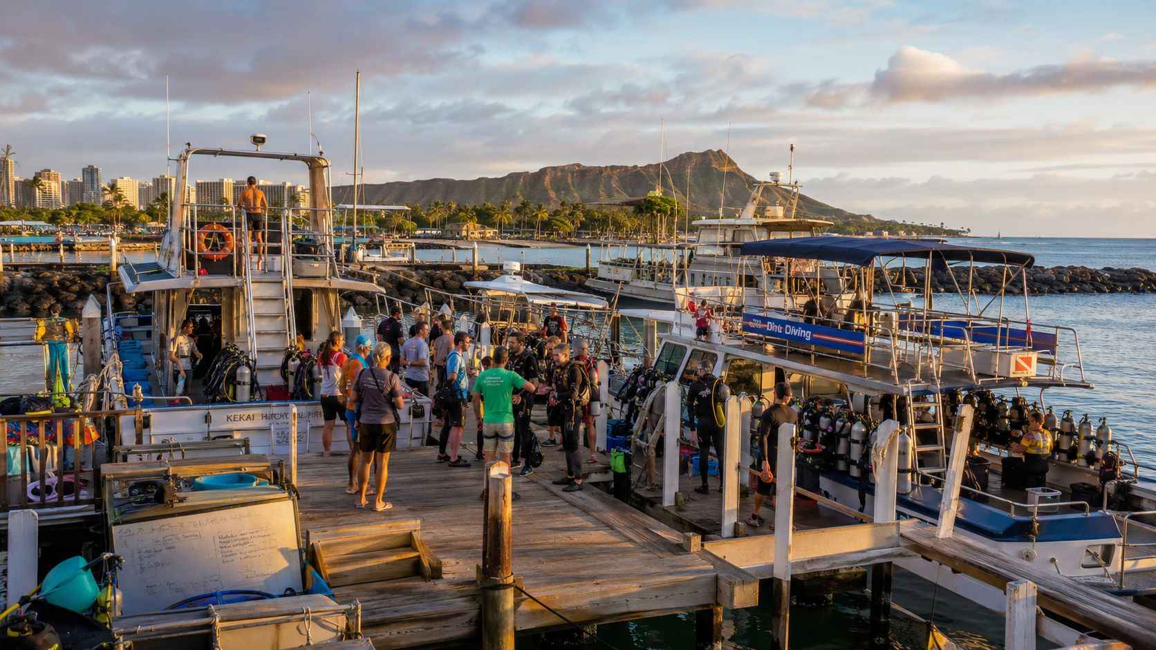A group of scuba divers gather on a wooden dock preparing to board boats in Honolulu, Hawaii.