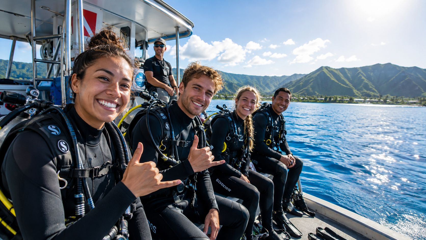 A group of happy scuba divers smiling and wearing wetsuits on a boat in Hawaii.