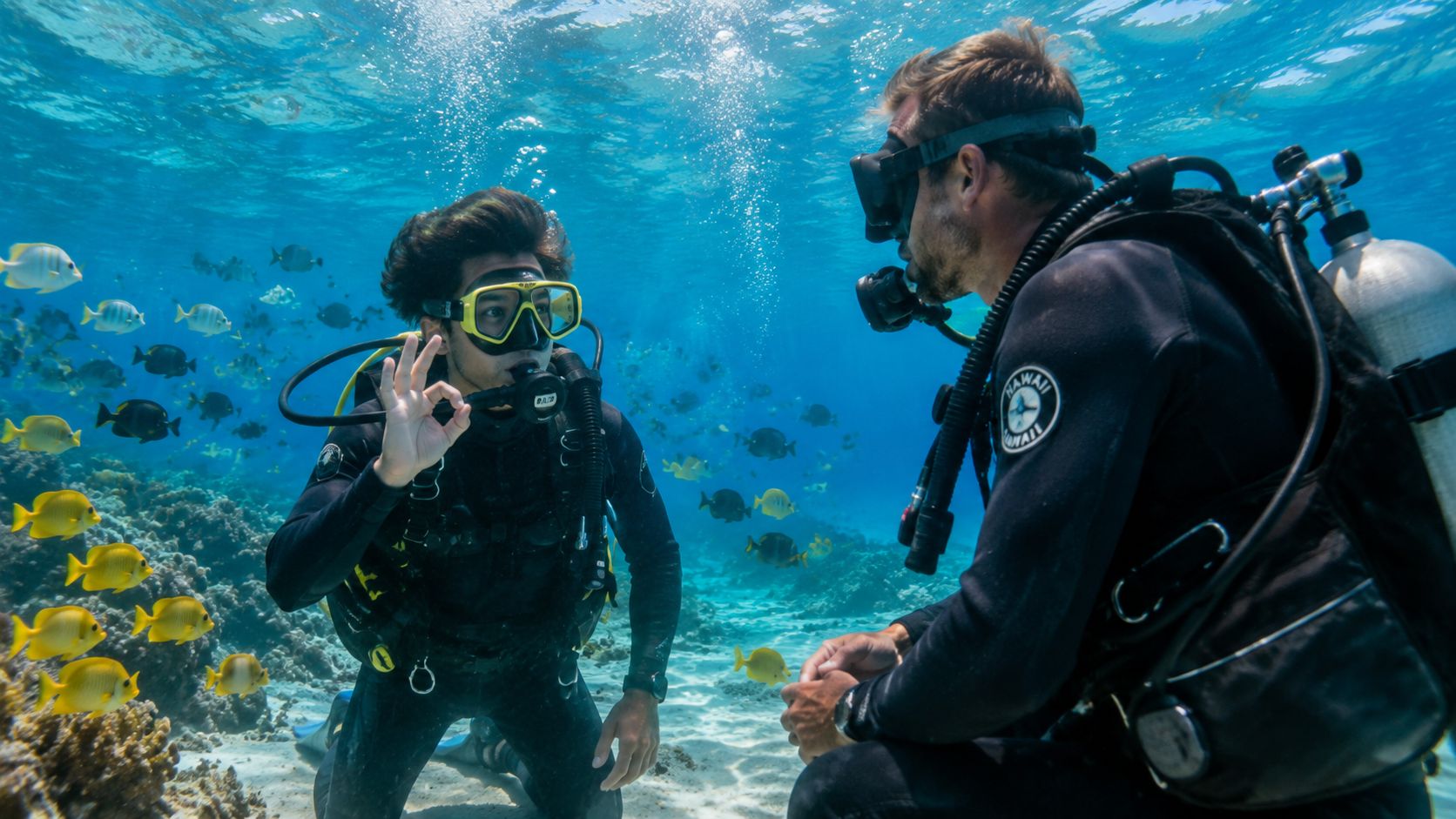 Two scuba divers communicating underwater while surrounded by tropical fish on a coral reef in Hawaii.