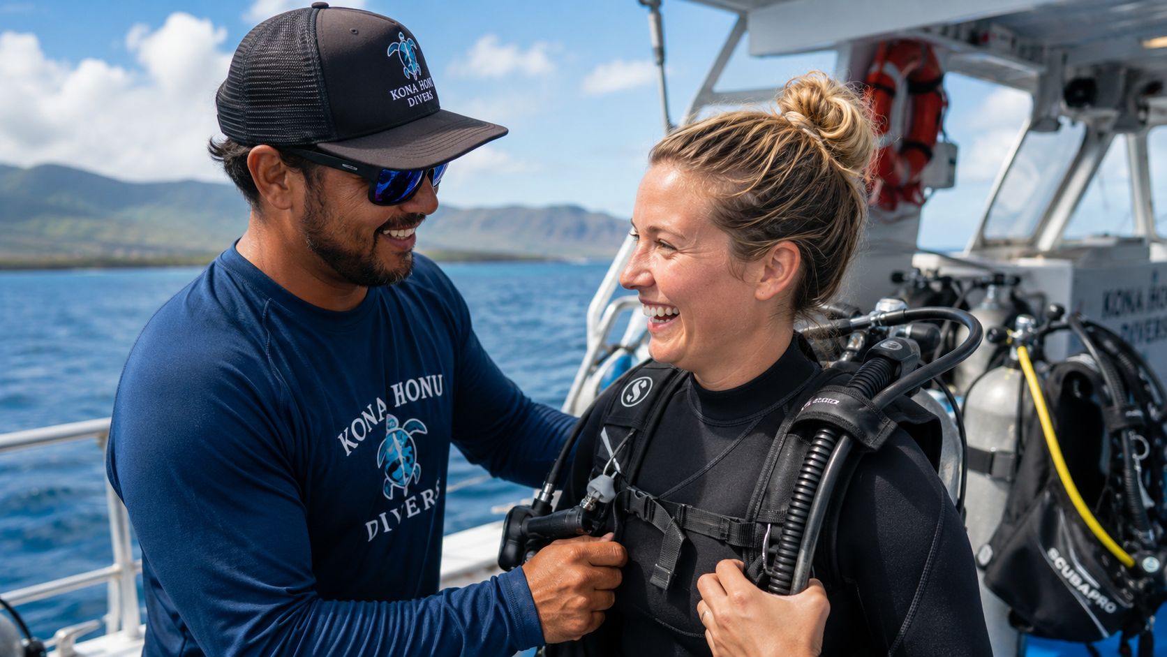 A professional dive instructor helps a smiling woman prepare her scuba diving gear on a boat in Hawaii.