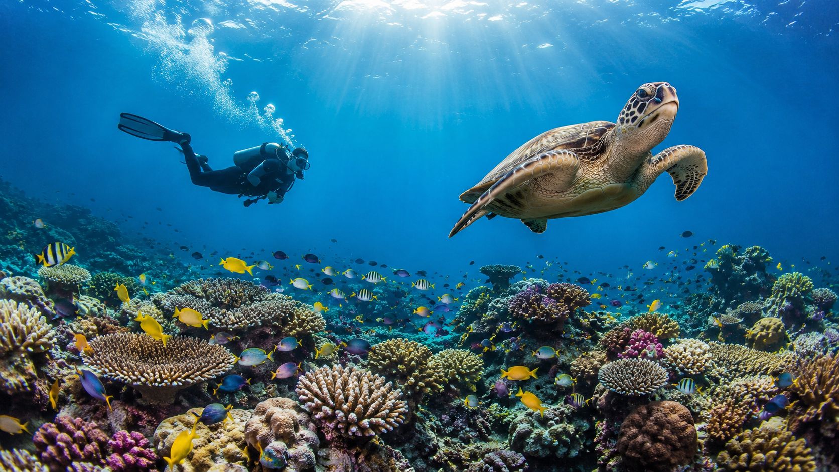 A scuba diver swims near a large green sea turtle above a vibrant tropical coral reef.