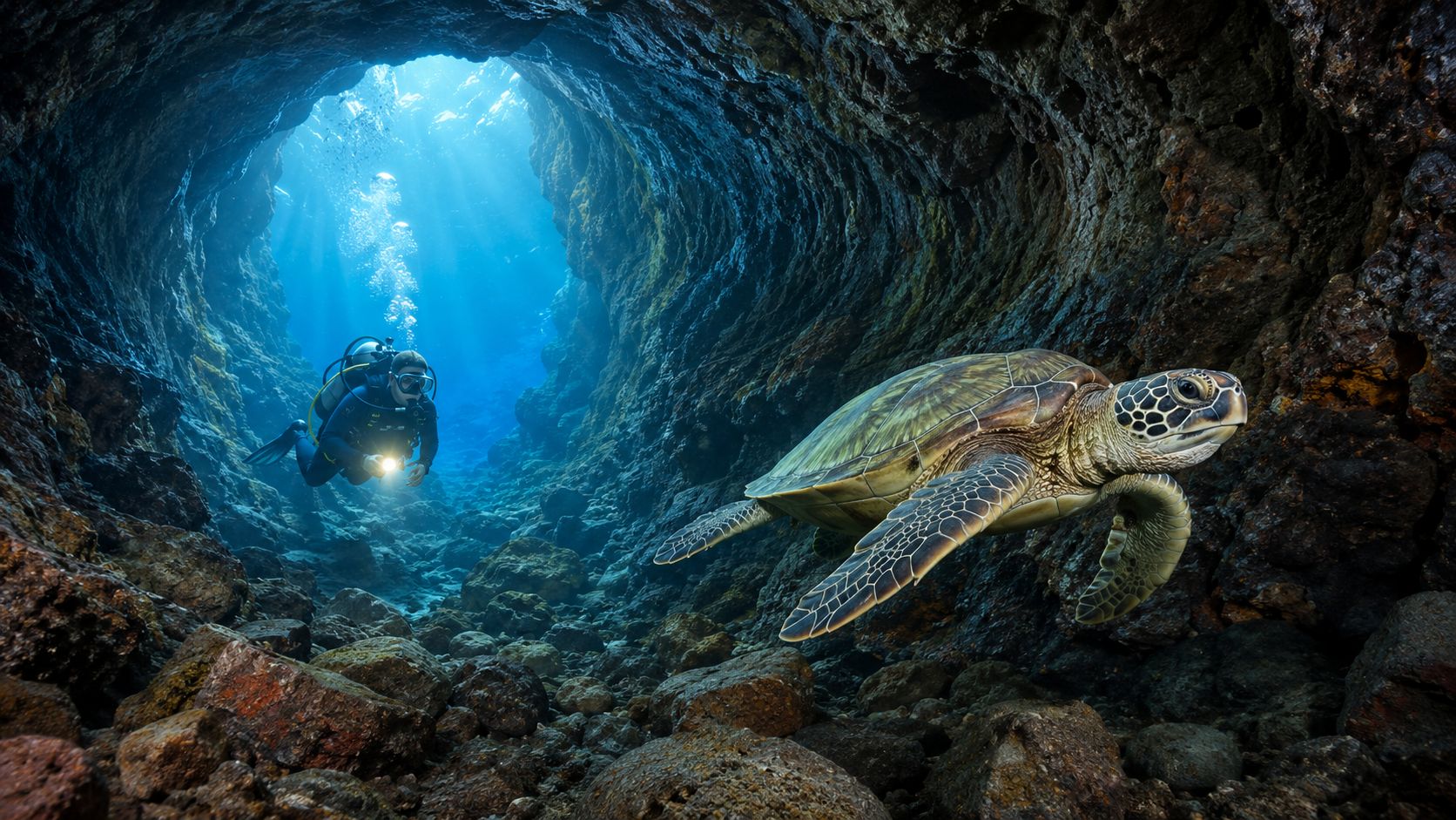 A scuba diver exploring an underwater volcanic tunnel while a sea turtle swims alongside in Hawaii.