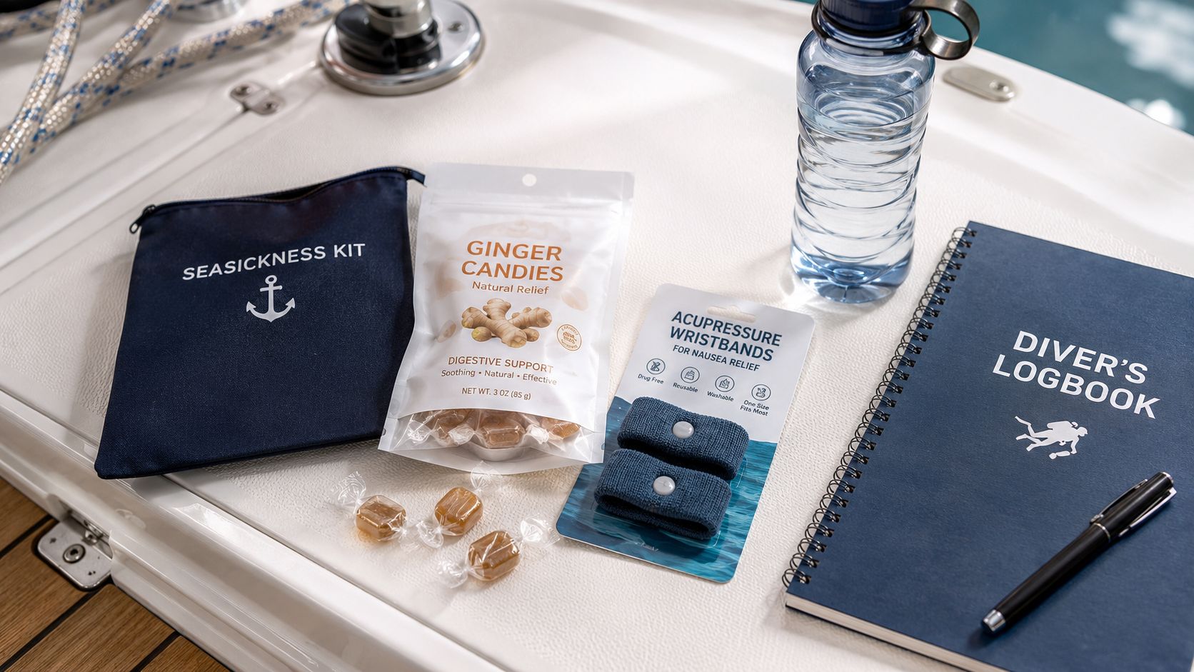 A seasickness kit with ginger candies, acupressure wristbands, a water bottle, and a diver's logbook on a boat.