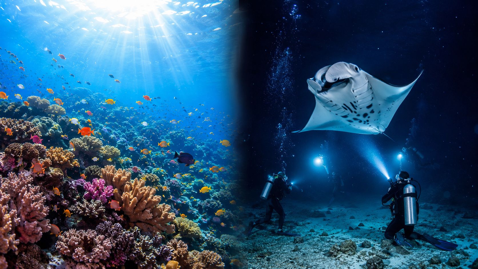 A split screen showing a vibrant coral reef on the left and scuba divers with a manta ray.