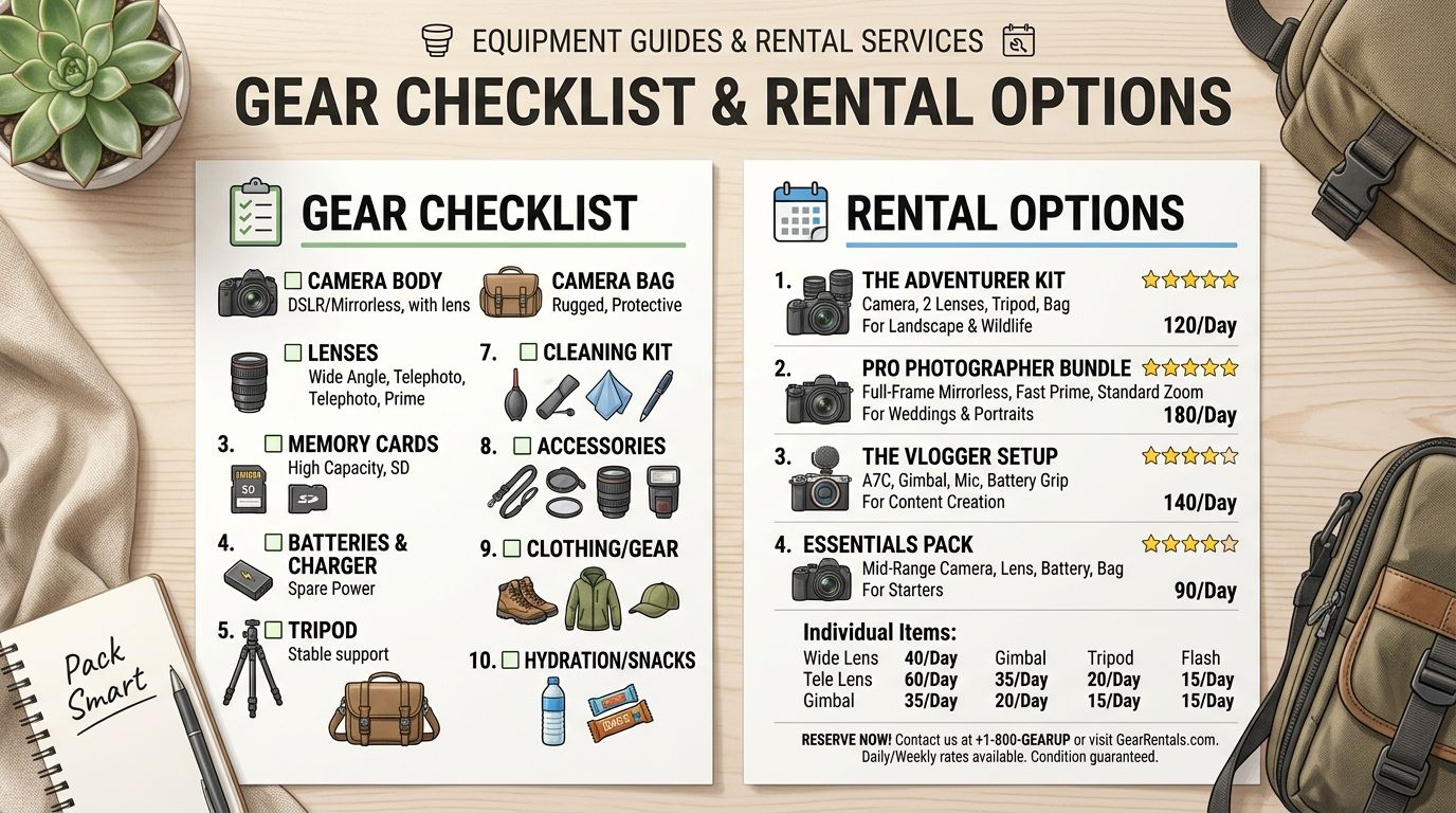 A printed gear checklist and rental options guide for photographers on a wooden desk background.