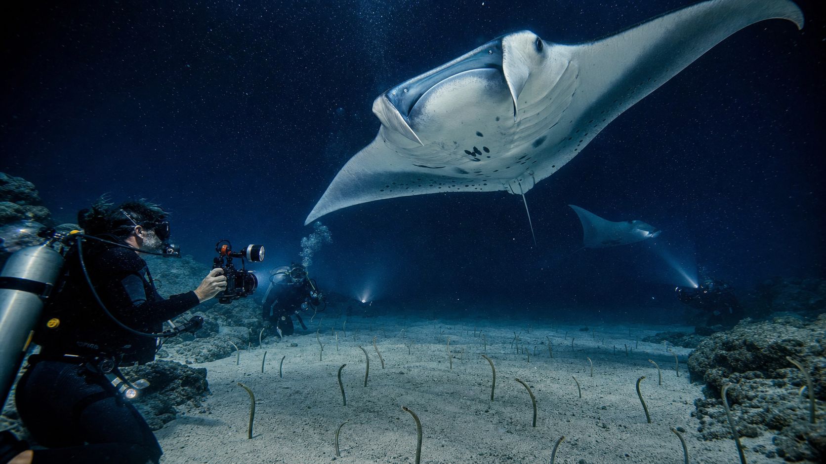 Scuba divers capturing footage of majestic manta rays gliding above a sandy ocean floor at night.