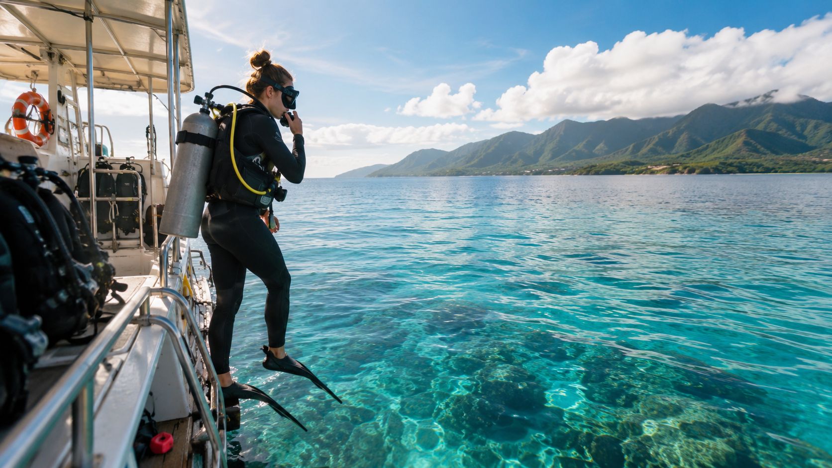 A female scuba diver wearing gear prepares to jump into the clear blue waters of Kona Hawaii.