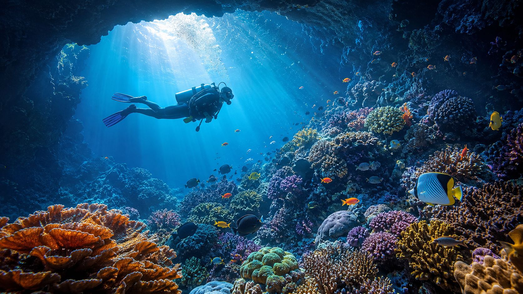 A scuba diver explores a vibrant coral reef teeming with colorful tropical fish under sunlit ocean water.
