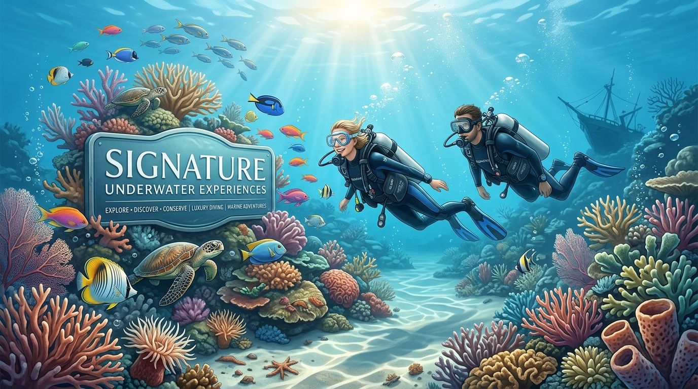 Two scuba divers exploring a colorful tropical coral reef filled with various exotic fish and sea turtles.