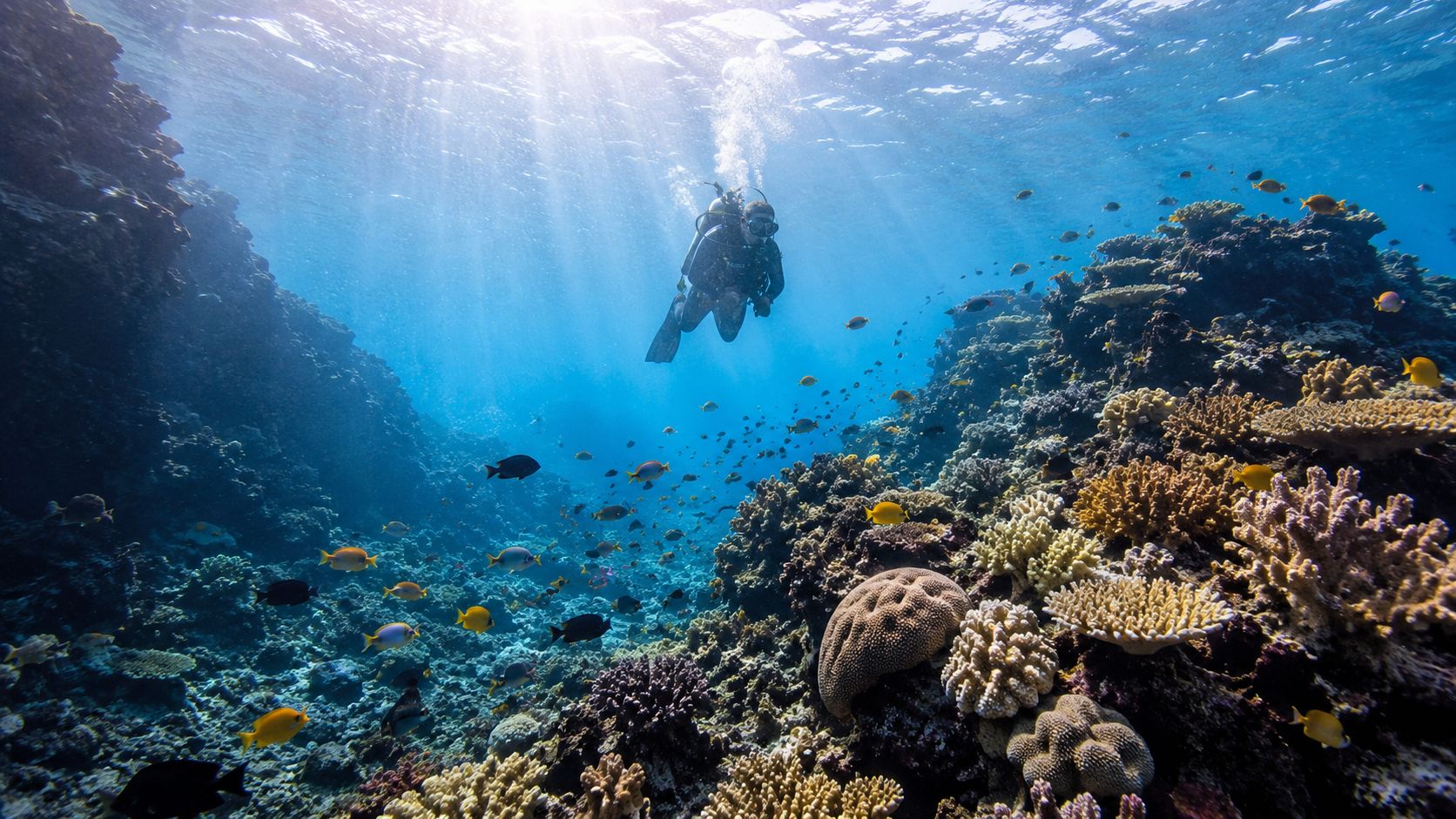 A scuba diver explores a vibrant coral reef filled with colorful tropical fish on the Big Island.