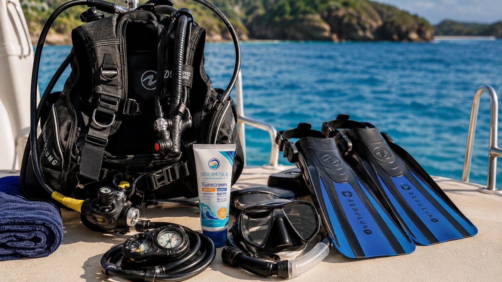 Scuba diving equipment and reef-safe sunscreen arranged on a boat deck with a scenic ocean background.