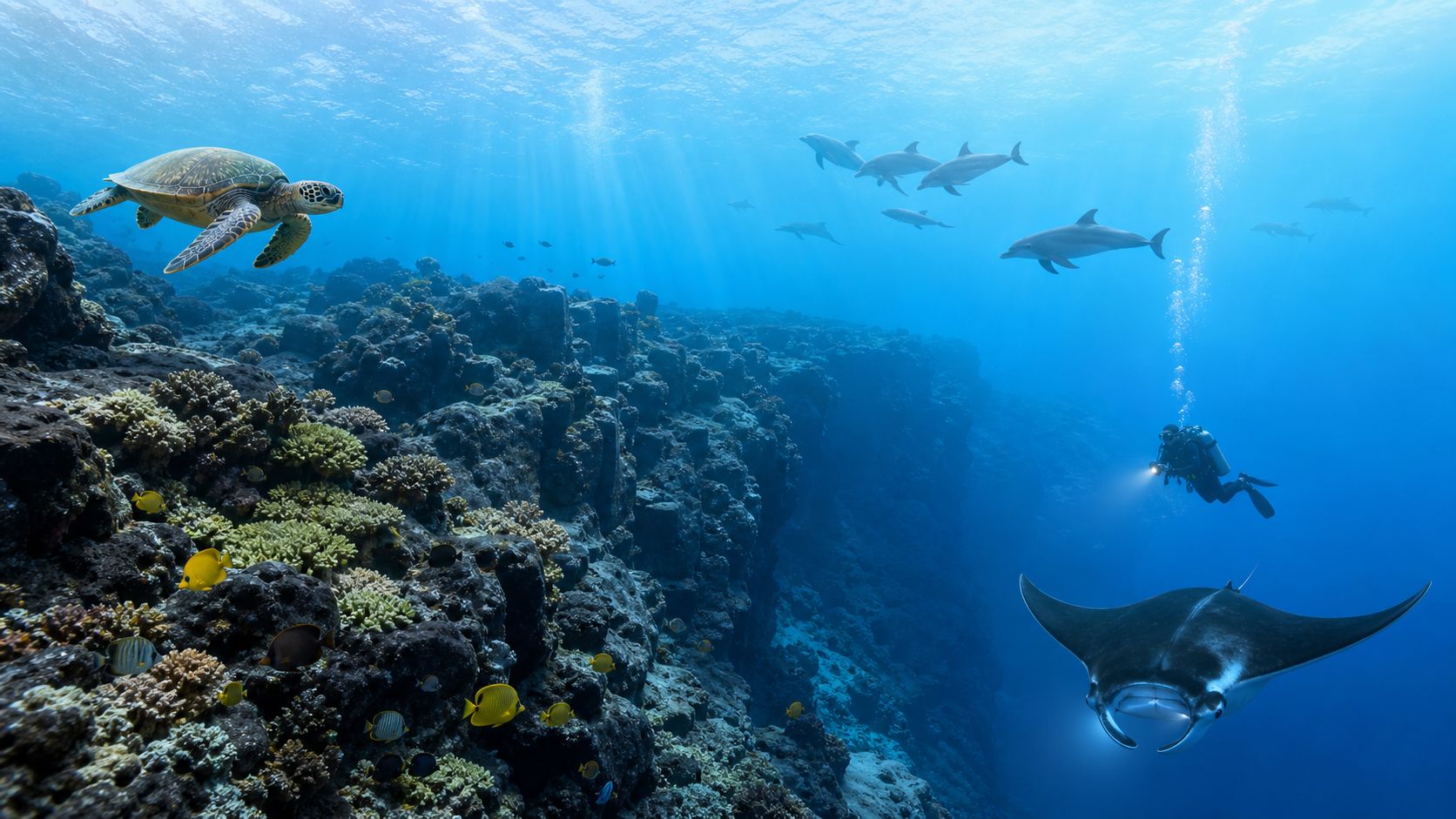 Scuba diver swimming with a manta ray near a colorful coral reef with sea turtles and dolphins.