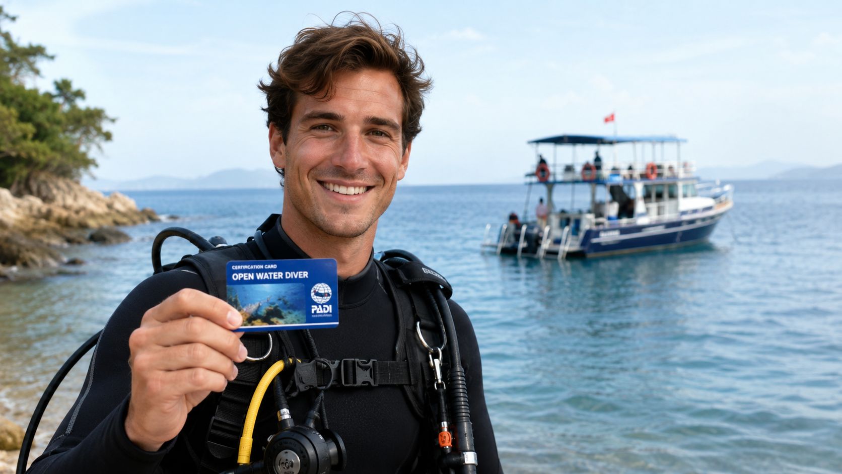A smiling diver in a wetsuit proudly holds up his blue PADI Open Water Diver certification card.