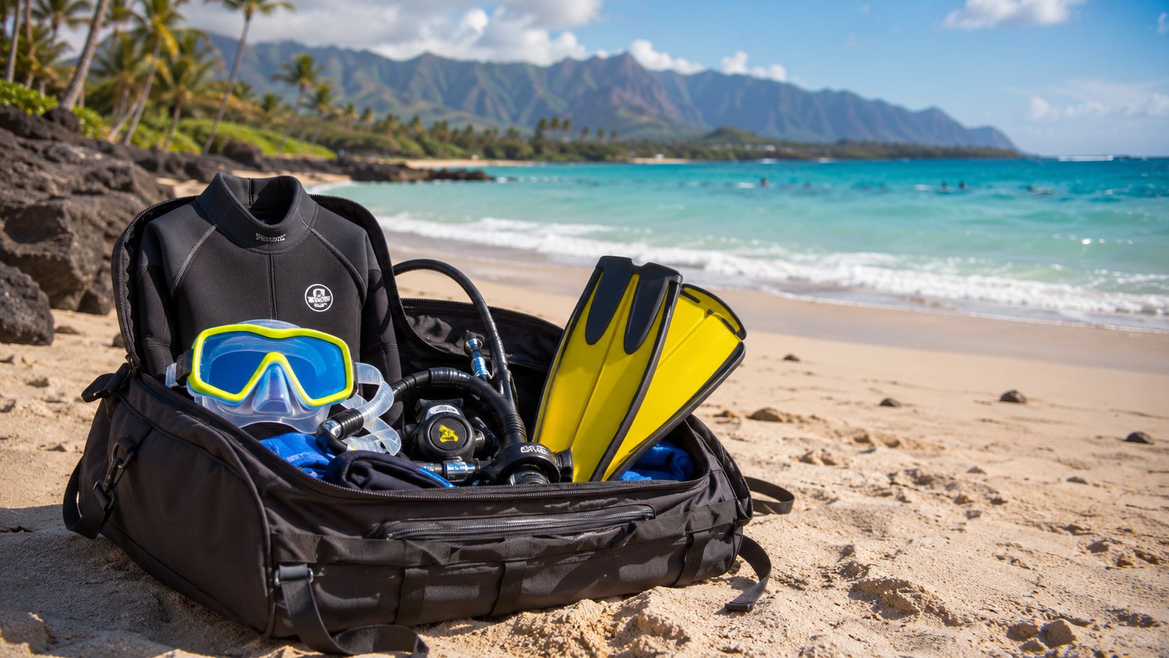 Scuba diving equipment including a wetsuit, mask, and fins packed in a bag on a beach