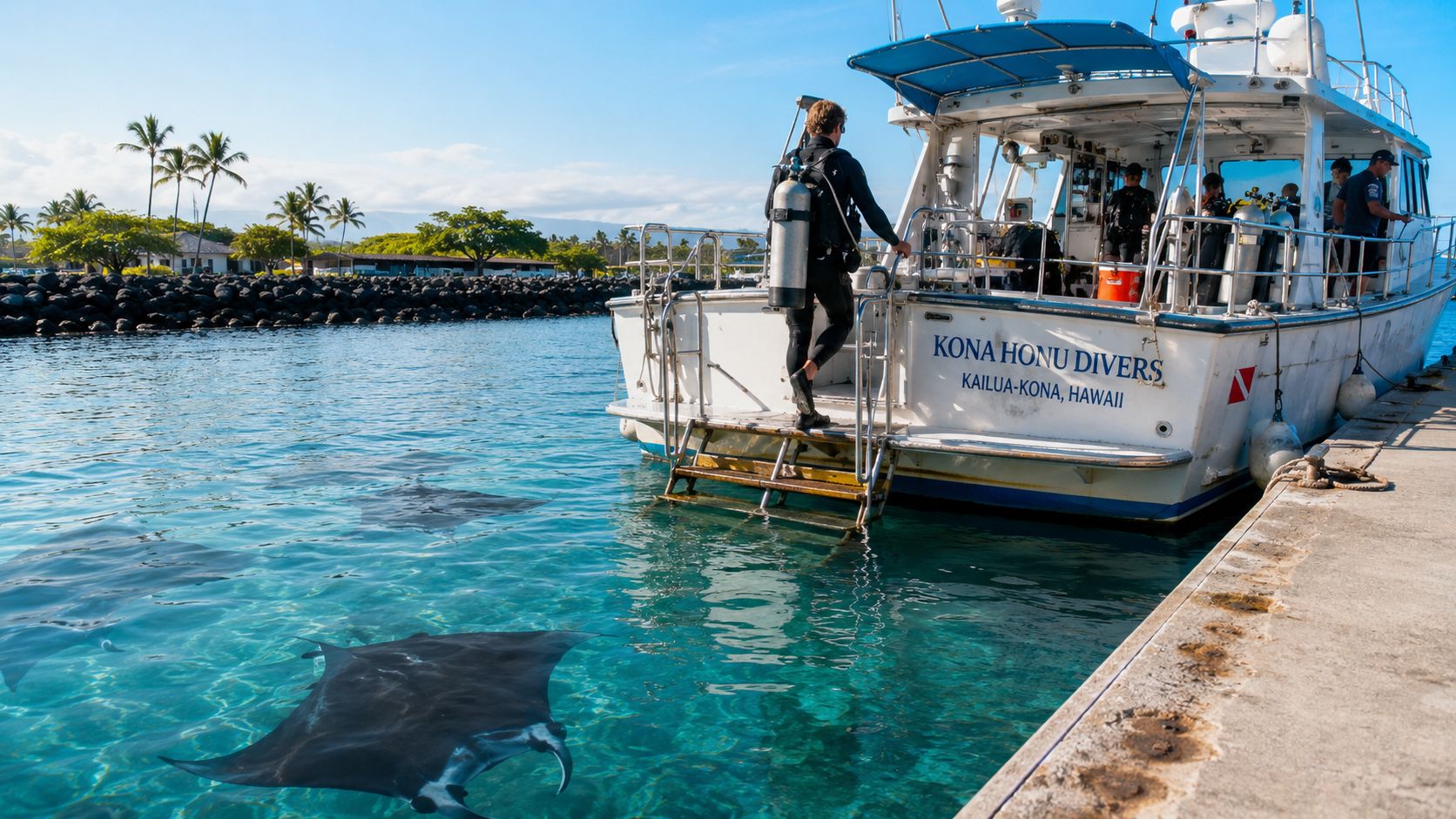 A scuba diver boards a Kona Honu Divers boat in Kailua-Kona, Hawaii, near swimming manta rays.