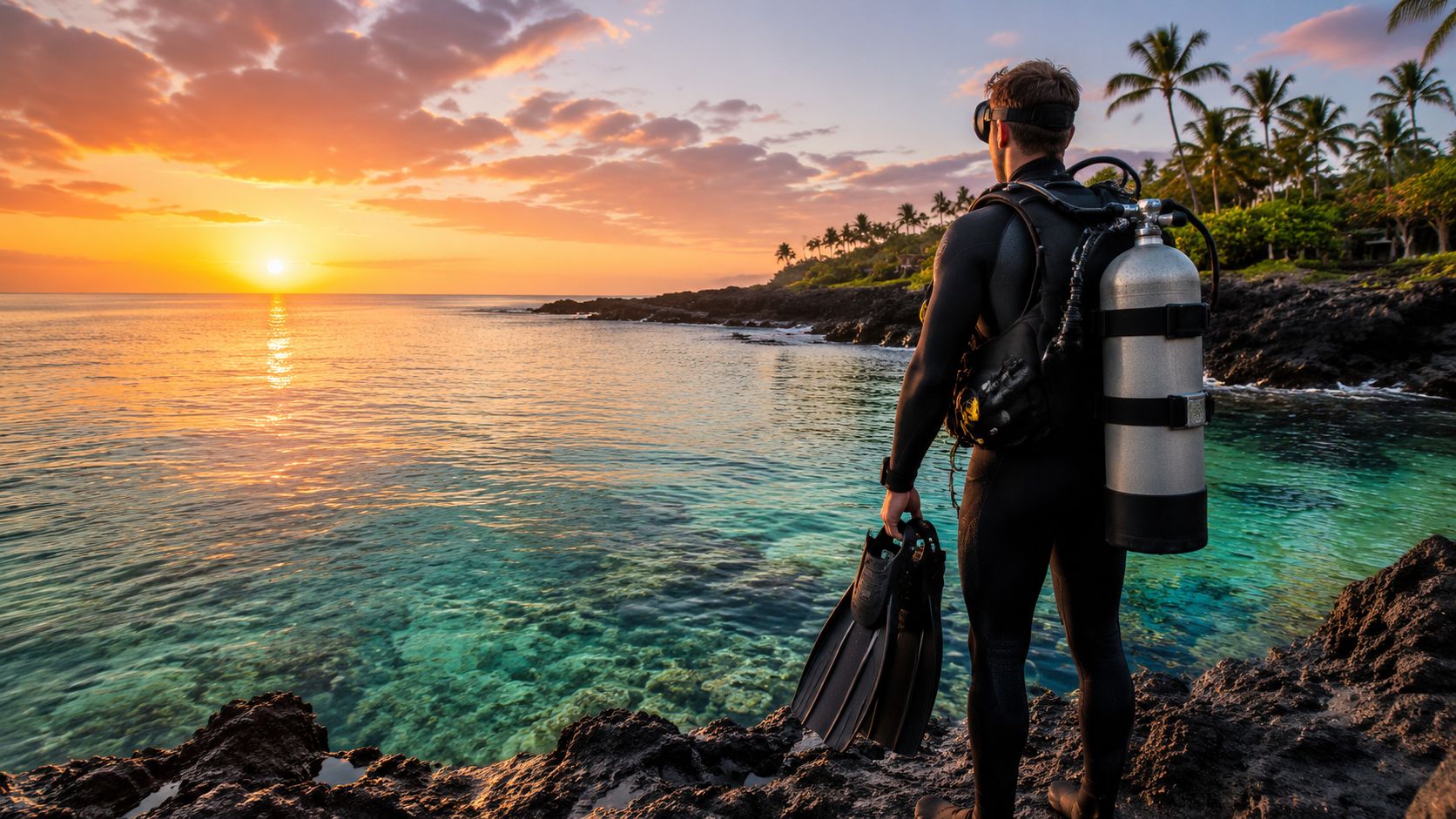 A scuba diver stands on volcanic rocks looking out at a scenic Hawaiian sunset over the ocean.
