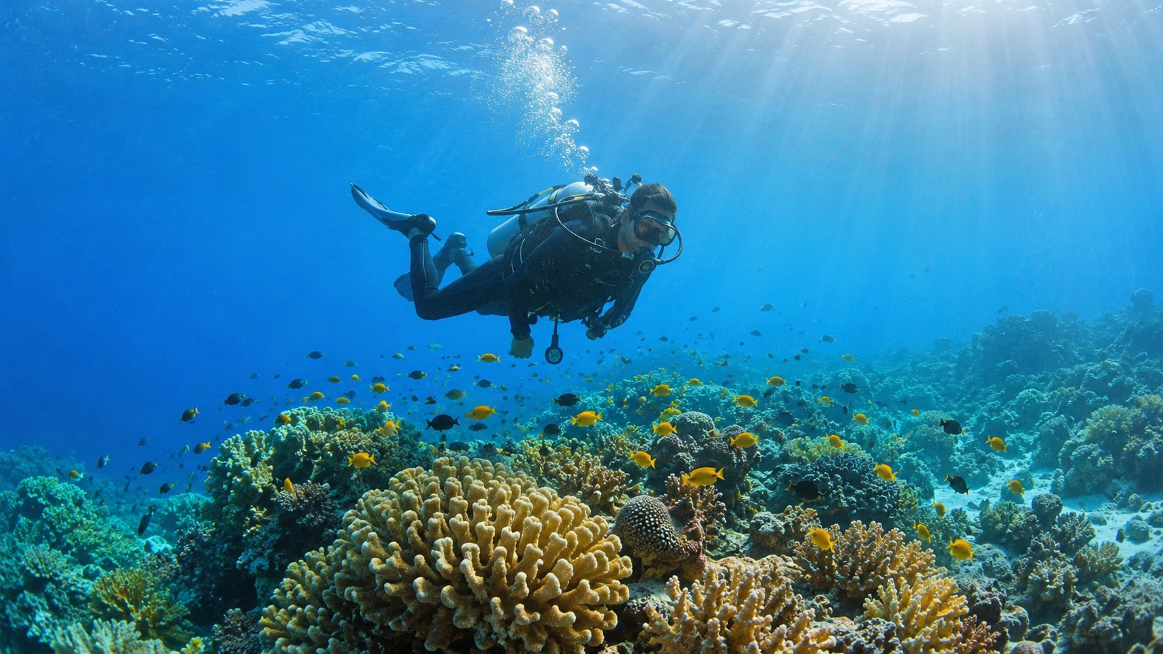 A scuba diver explores a vibrant coral reef filled with colorful tropical fish under the bright ocean surface.
