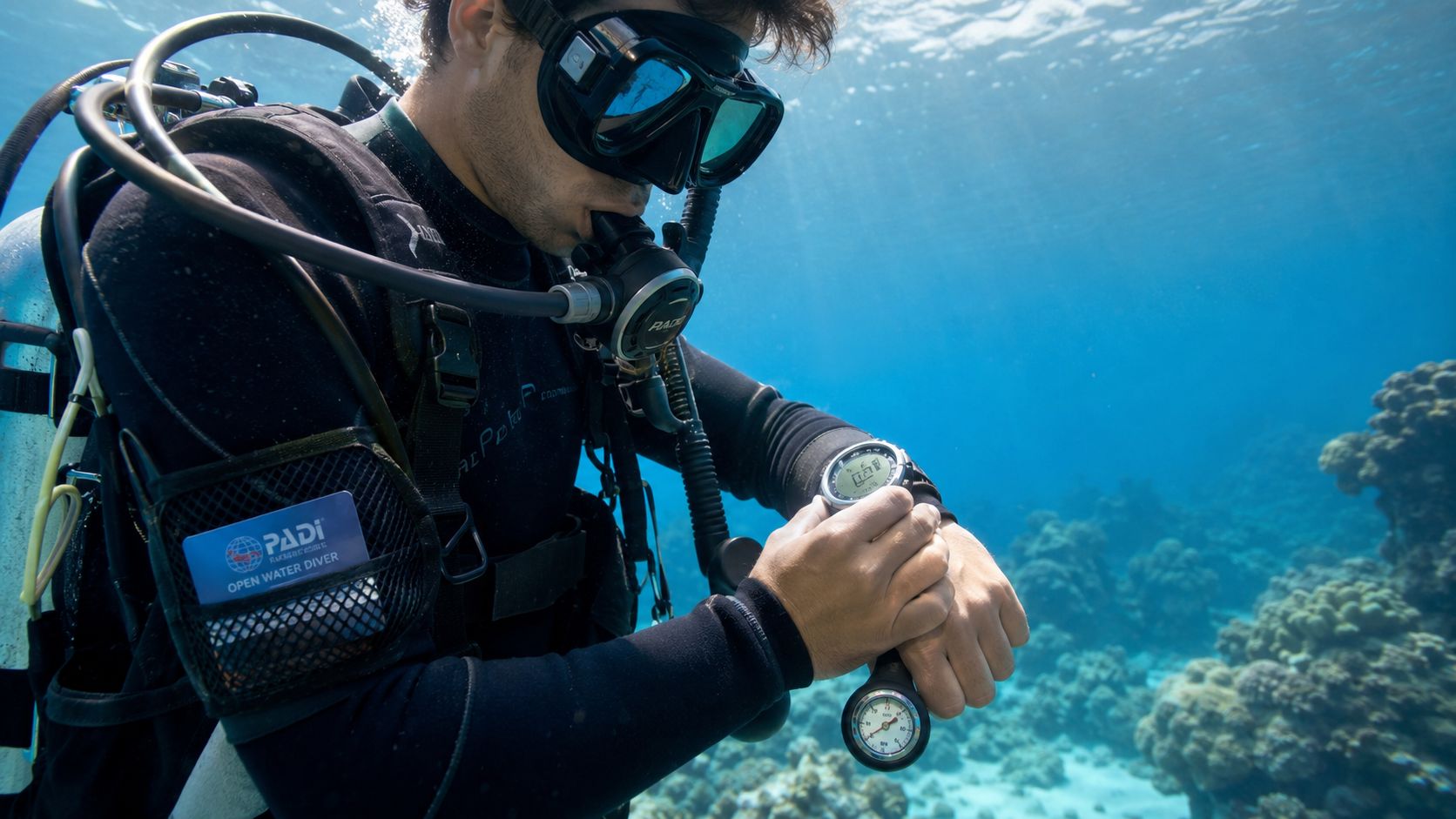 A scuba diver wearing full gear checks his dive watch and pressure gauge underwater in clear ocean water.
