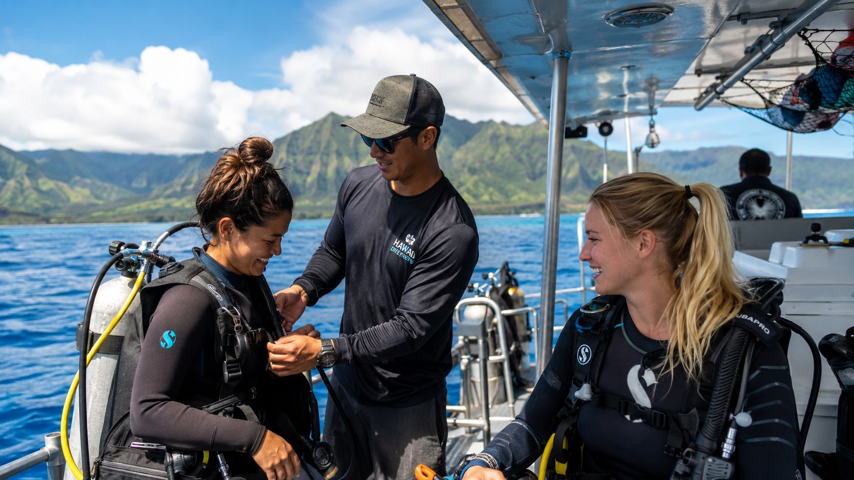 An instructor helps a woman prepare her scuba gear while another diver smiles on a boat in Hawaii.
