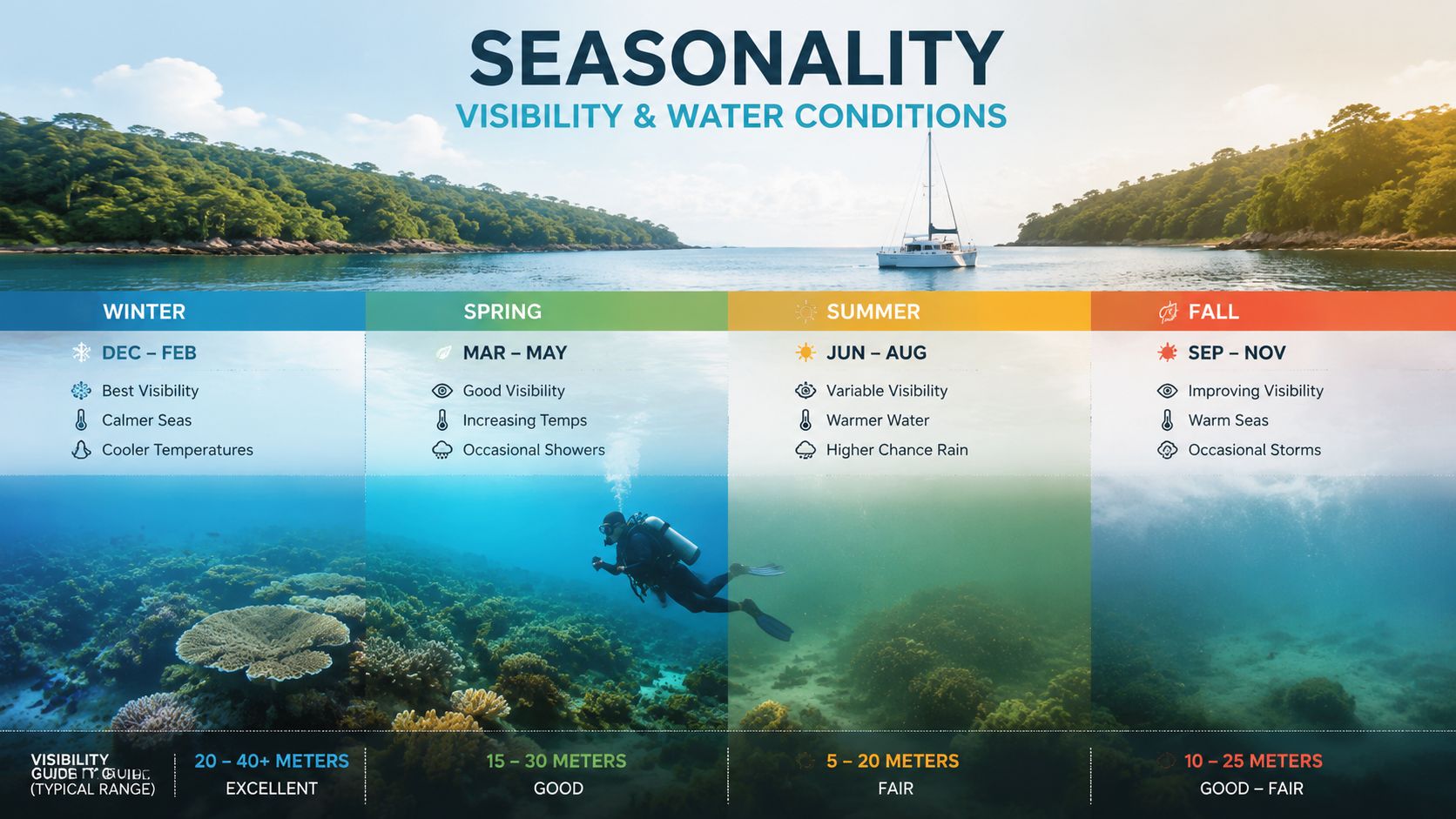 A seasonal guide chart showing diving visibility and ocean conditions throughout the year in tropical waters.