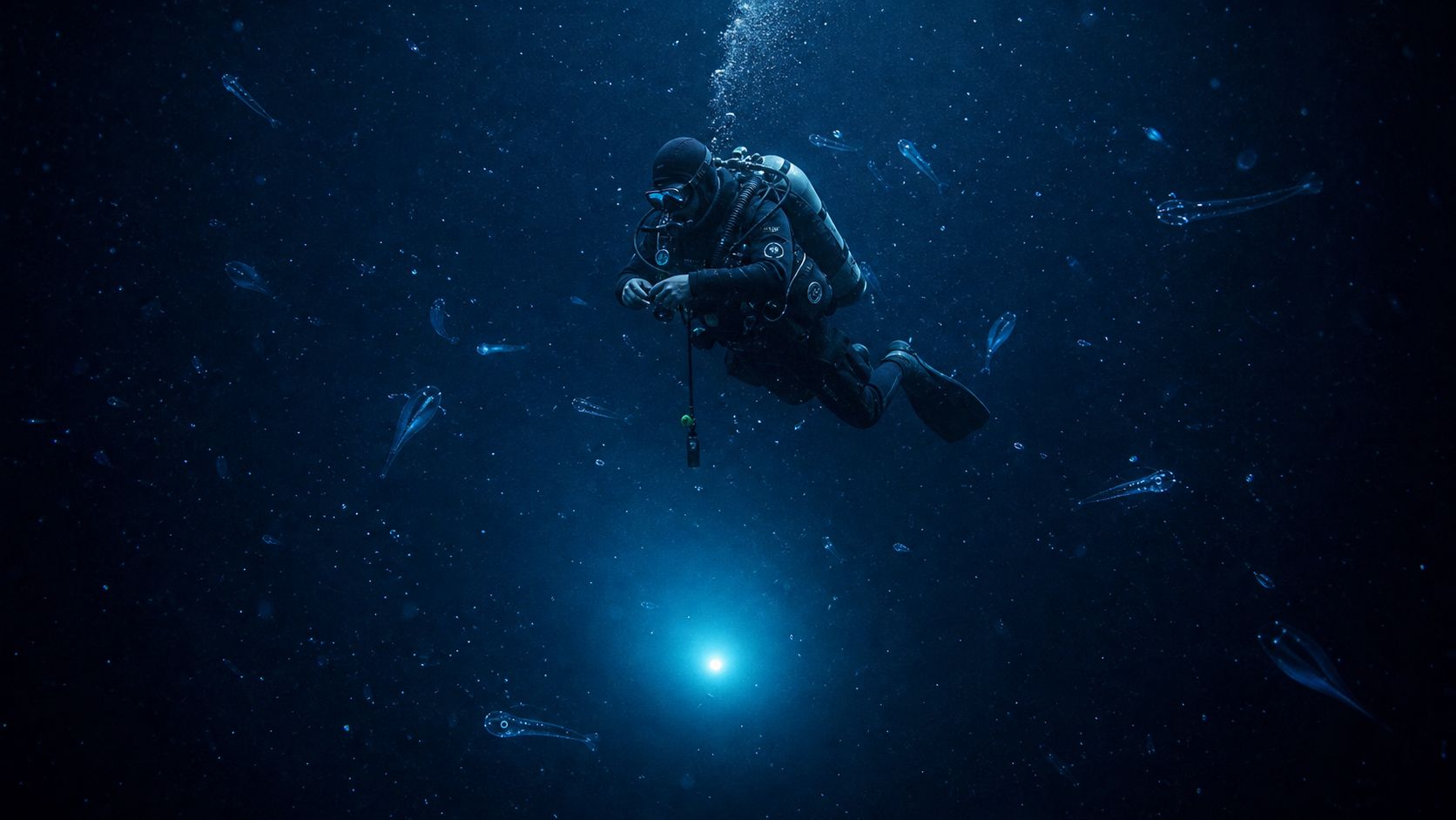 A scuba diver exploring deep, dark ocean waters surrounded by small, glowing translucent creatures and marine snow.