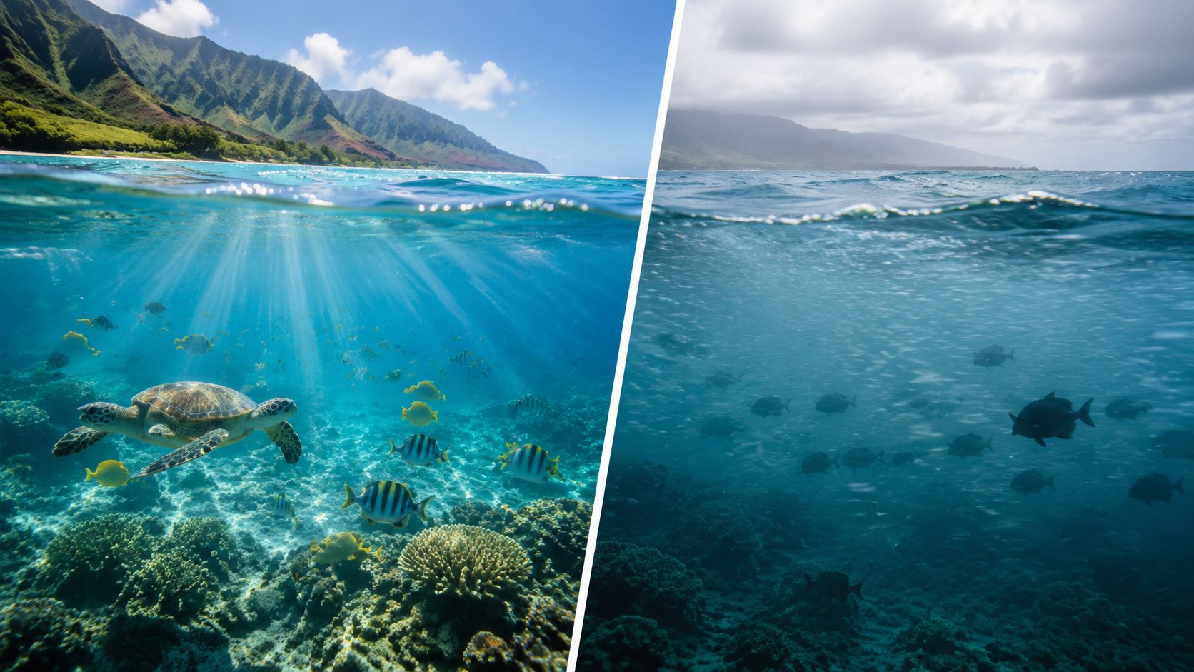 A split underwater view showing vibrant sea turtles and coral on the left versus dark moody reef waters.