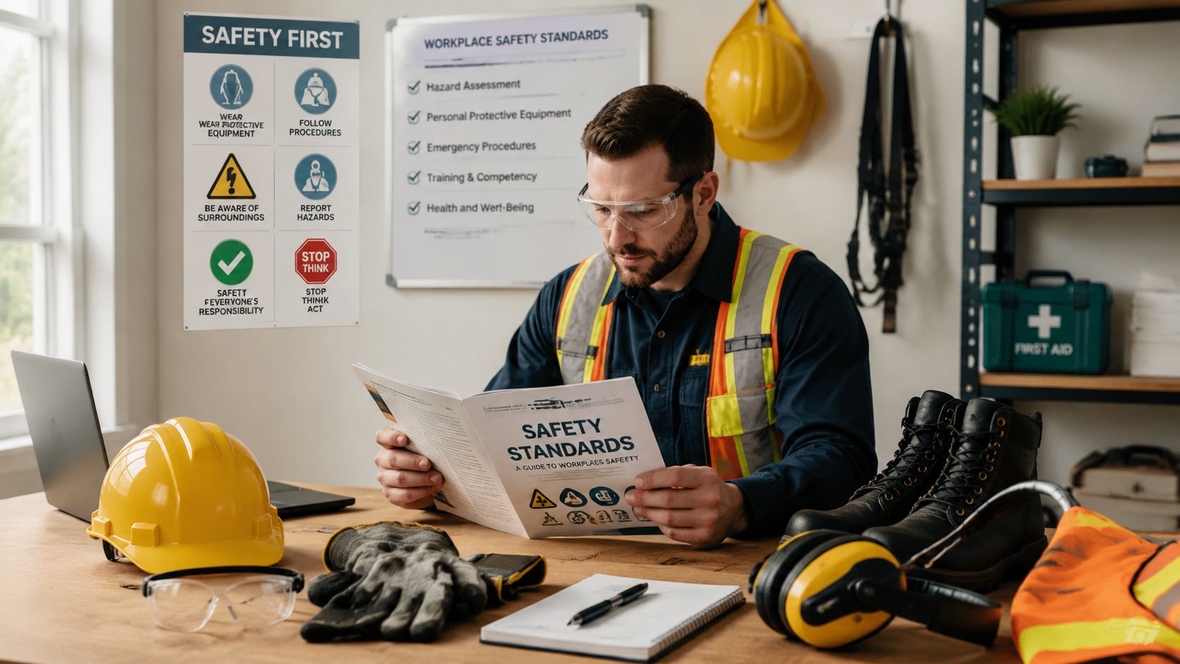 A professional construction worker reviewing safety standard documents at a desk equipped with personal protective gear.