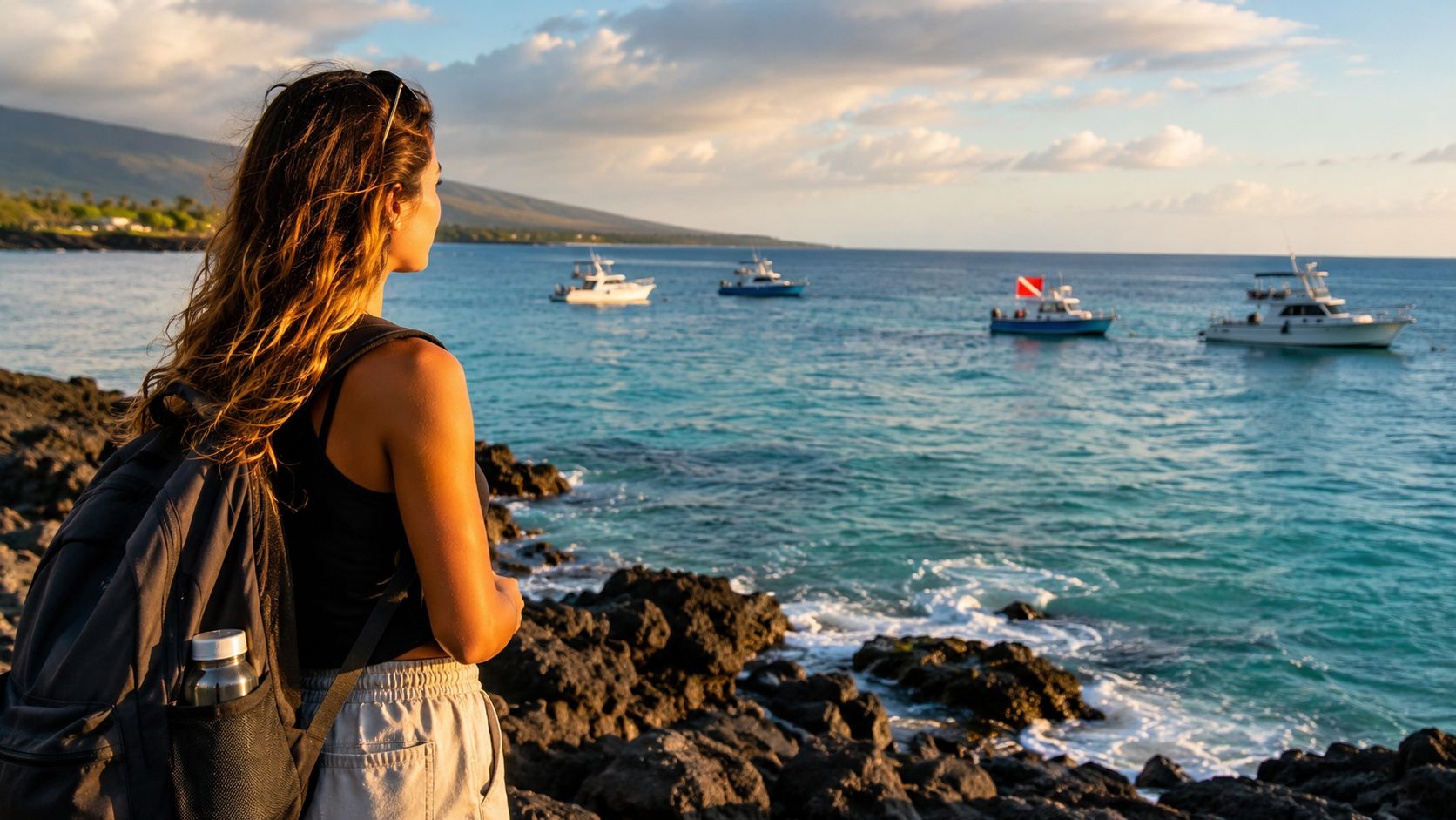 A young woman with a backpack looking out at boats near the coast in Kona Hawaii.