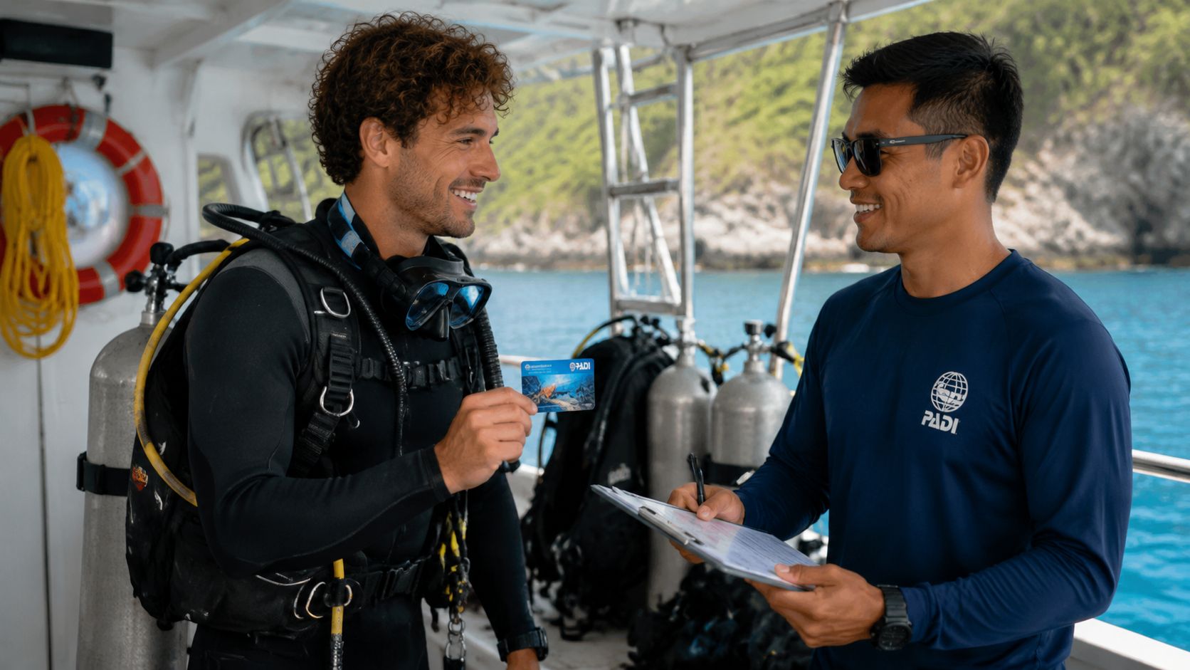 A scuba diver showing his certification card to his dive instructor on a boat in Hawaii.